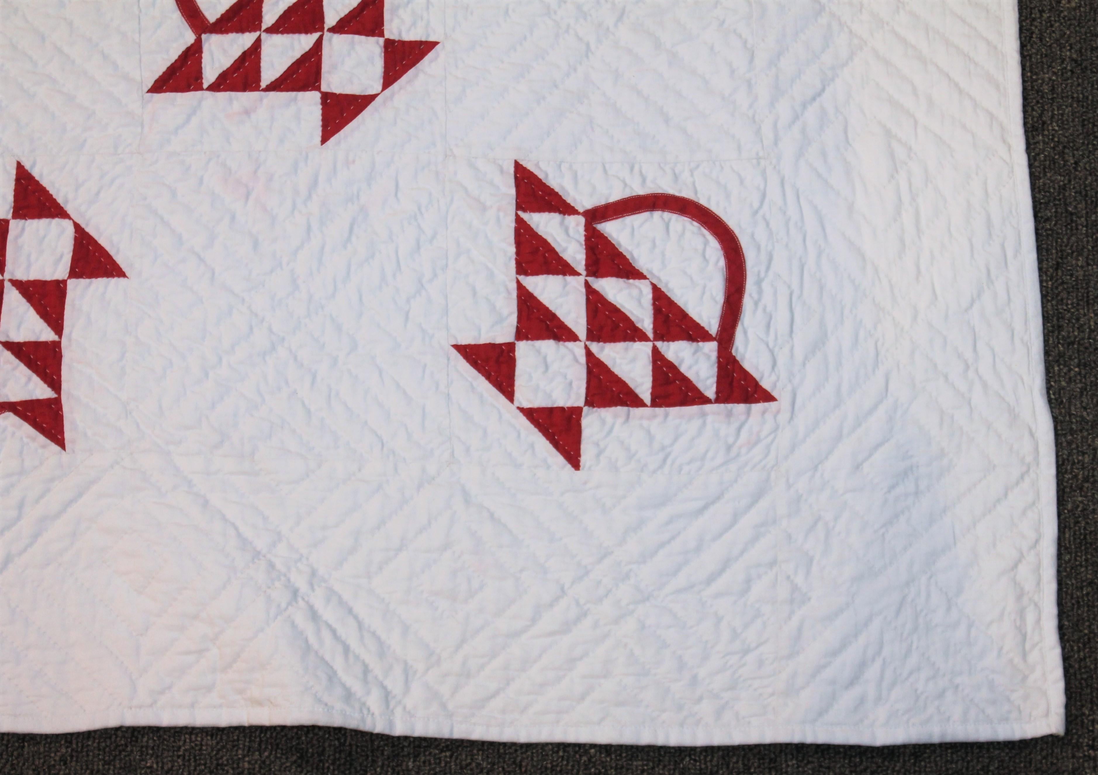 Country 19th Century Red and White Basket Crib Quilt