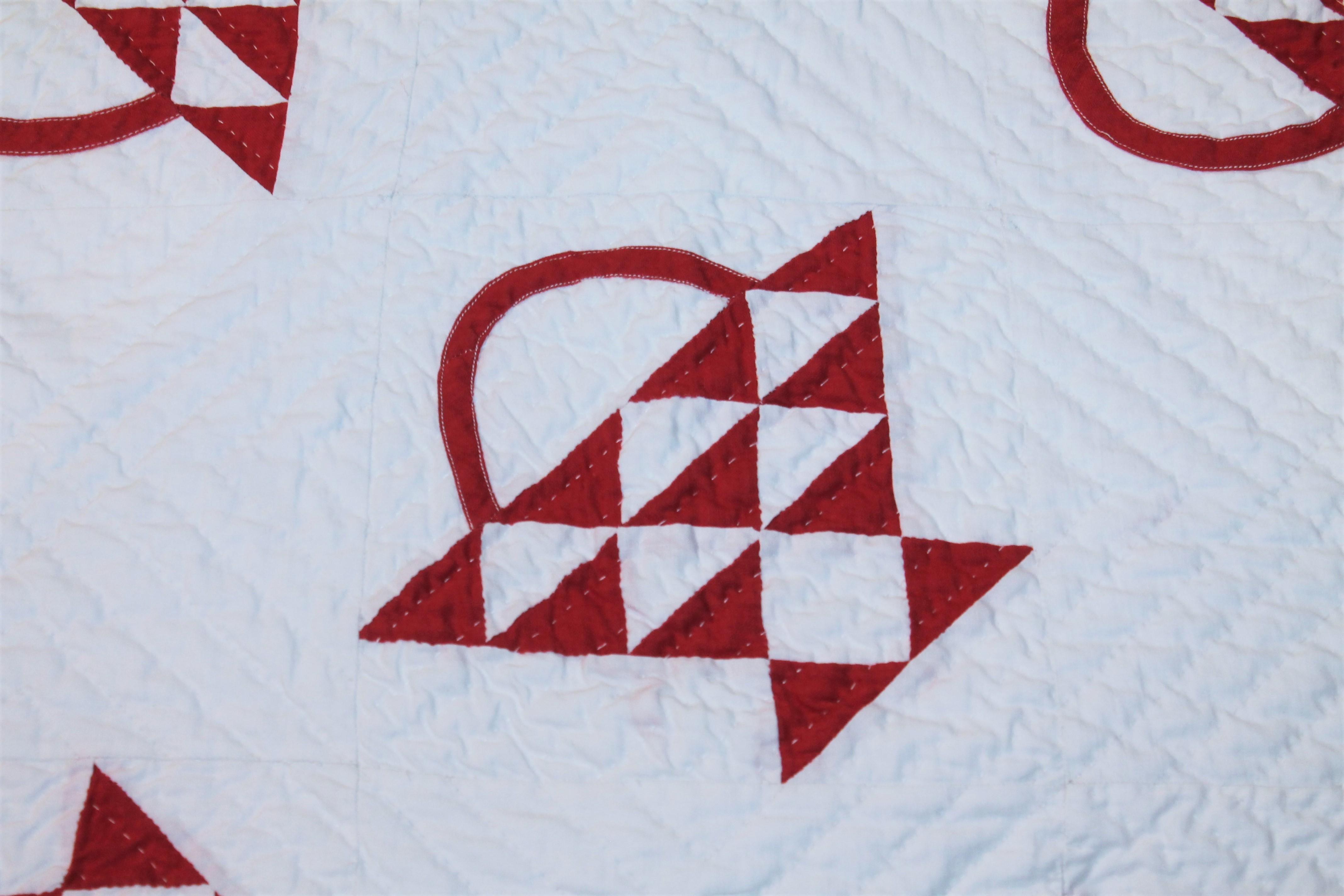 American 19th Century Red and White Basket Crib Quilt