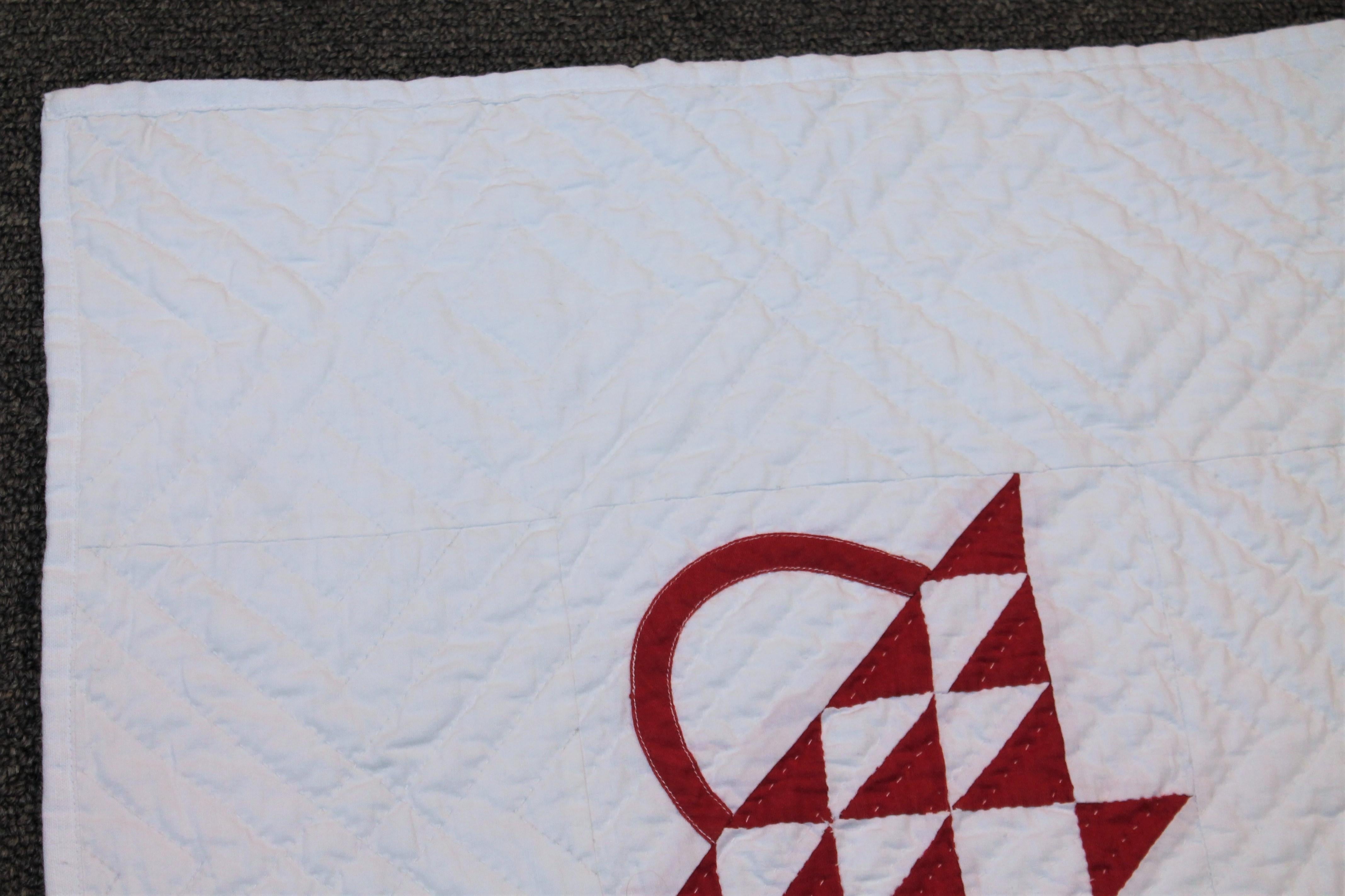 Hand-Crafted 19th Century Red and White Basket Crib Quilt