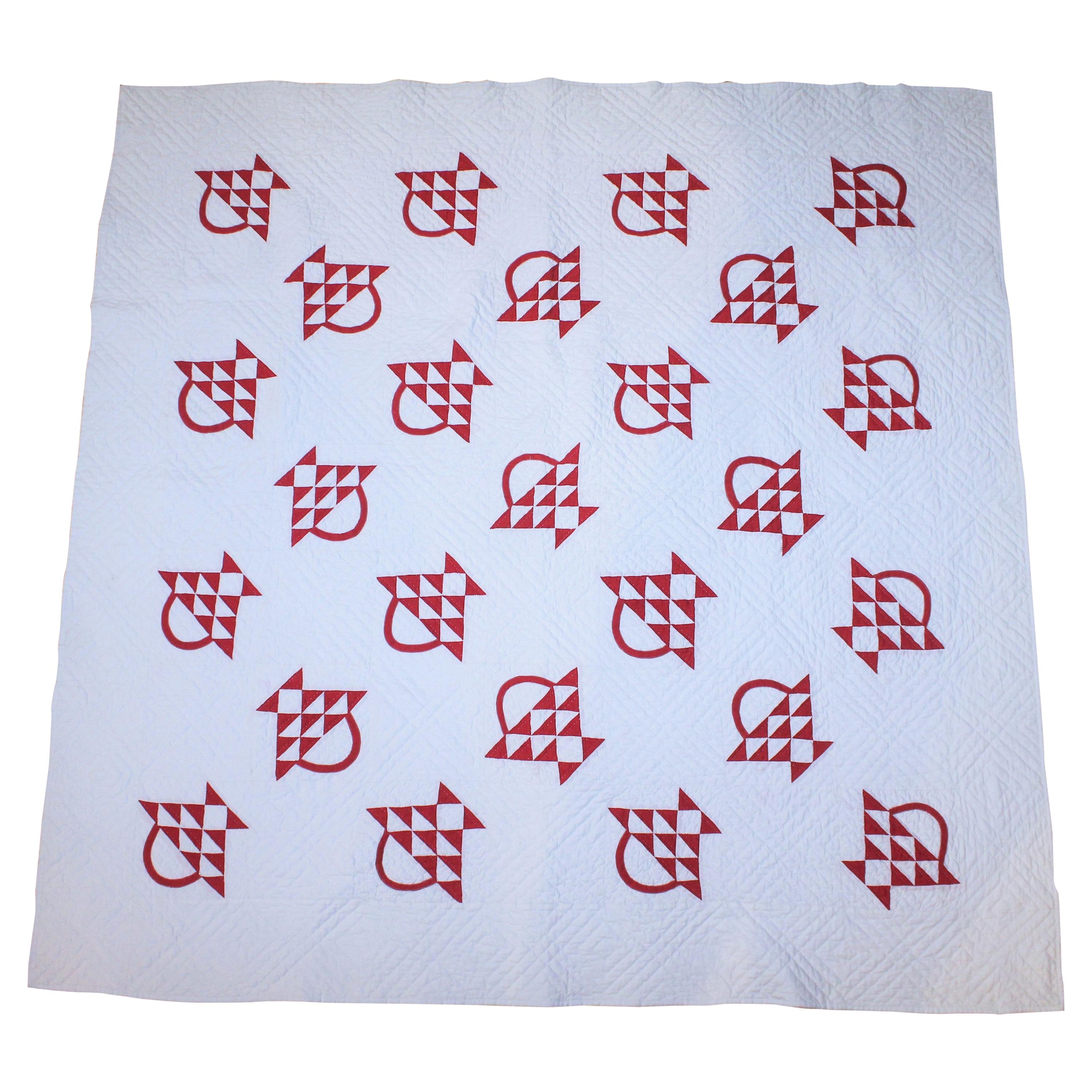 19th Century Red and White Basket Crib Quilt