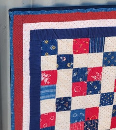 19thc Red, White & Blue Four Patch Mounted Crib Quilt