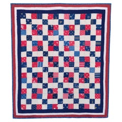 19thc Red, White & Blue Four Patch Mounted Crib Quilt