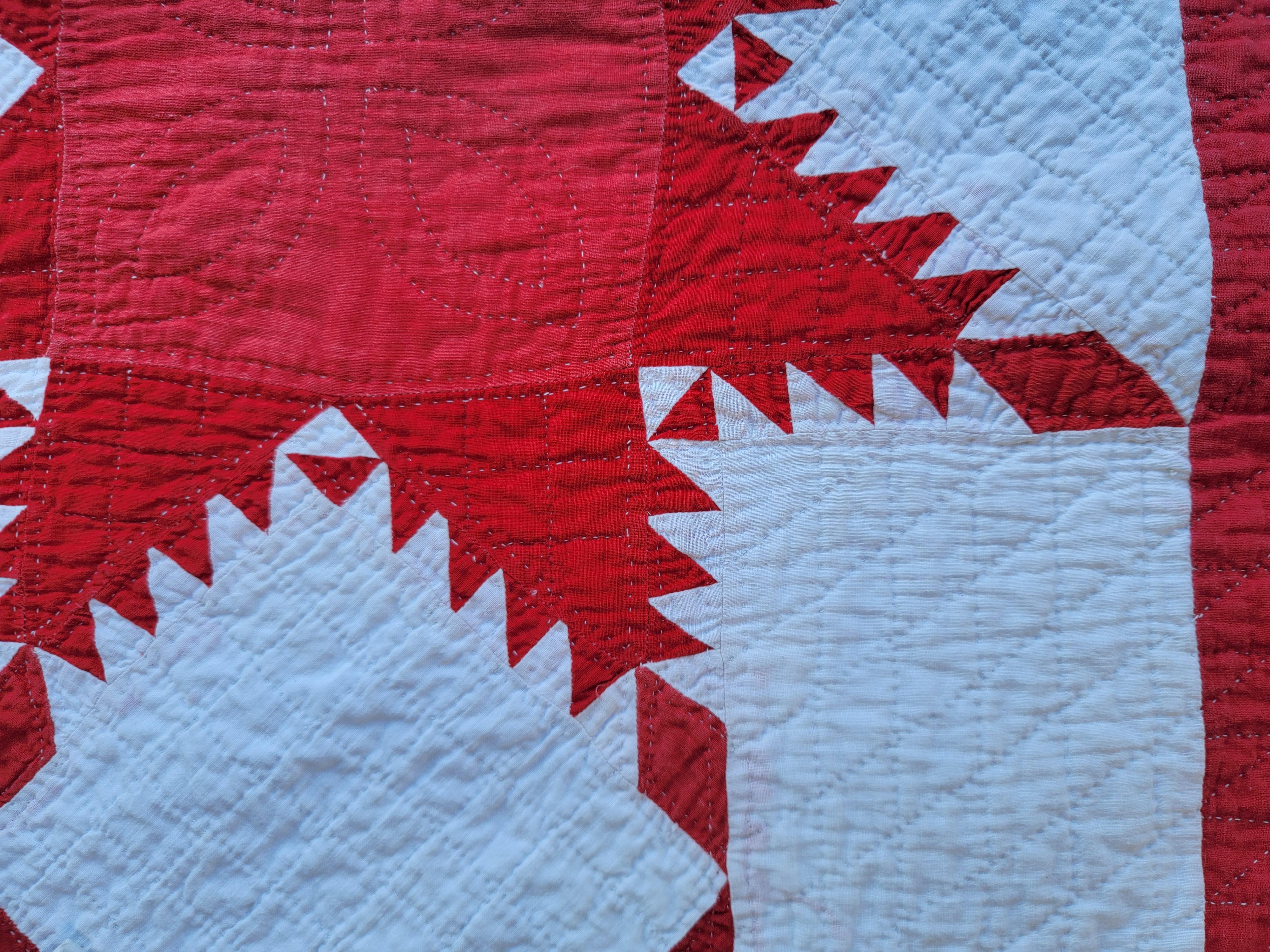 Adirondack 19thc Red & White Feathered Star Quilt