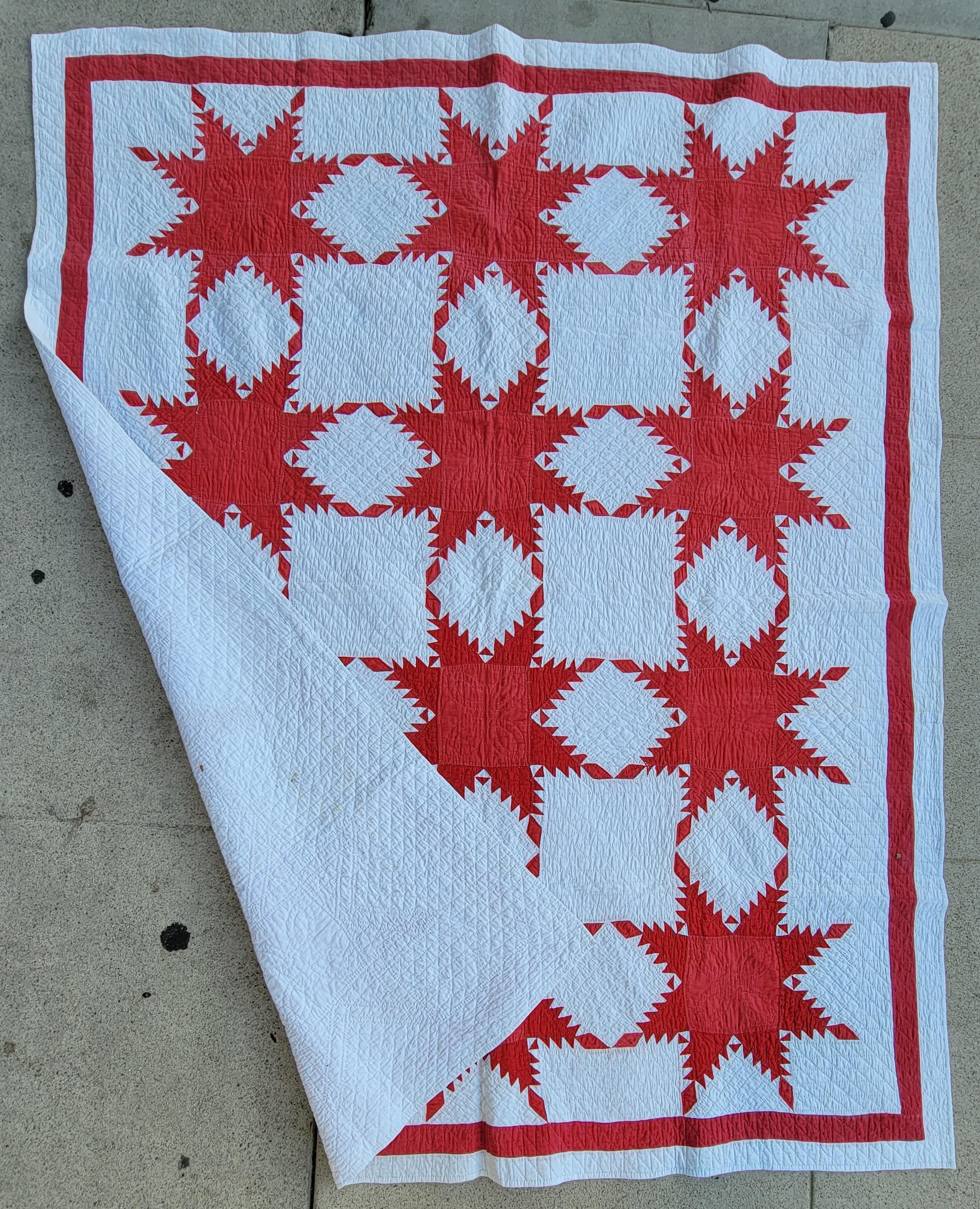 Hand-Crafted 19thc Red & White Feathered Star Quilt