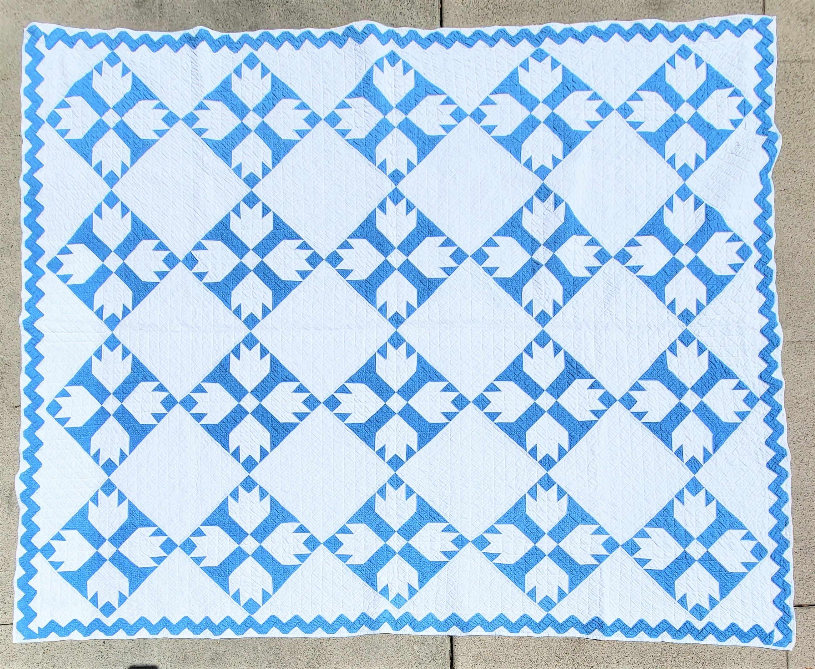 Hand-Crafted 19thc Robin Egg Blue Calico Bear Paw Quilt For Sale