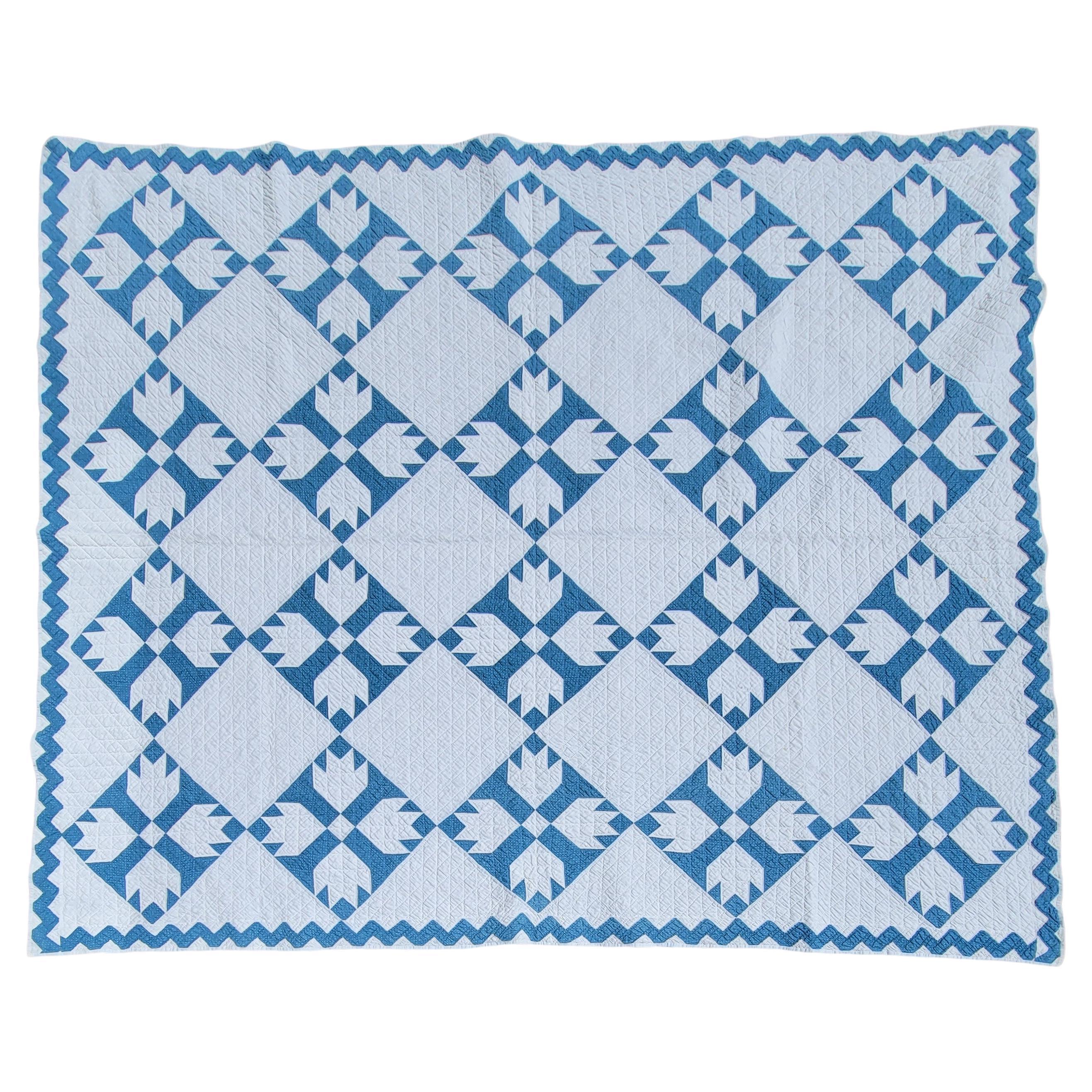 19thc Robin Egg Blue Calico Bear Paw Quilt