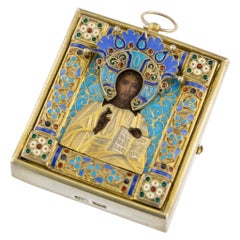 Antique 19th Century Russian Silver-Gilt & Enamel Icon of Christ Pantokrator, circa 1890