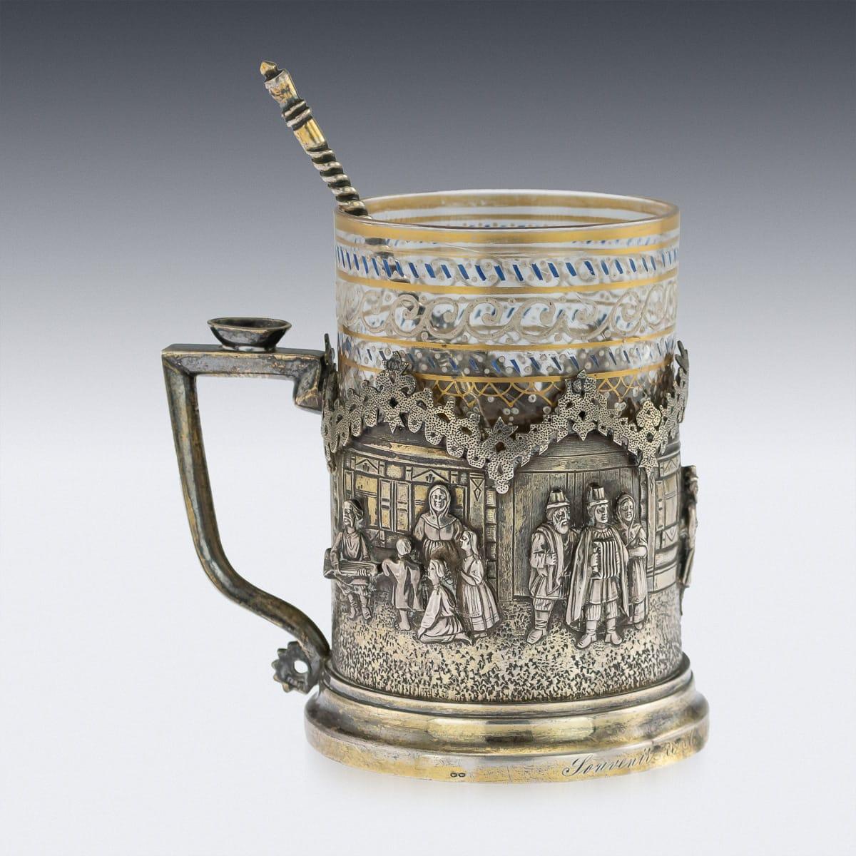 Antique 19th century Imperial Russian trompe l'oeil solid silver tea glass holder, realistically modelled in a shape of a house, on a stepped base, wood cladding walls and window made in a pan-Slavic style, depicting people outside, dancing,