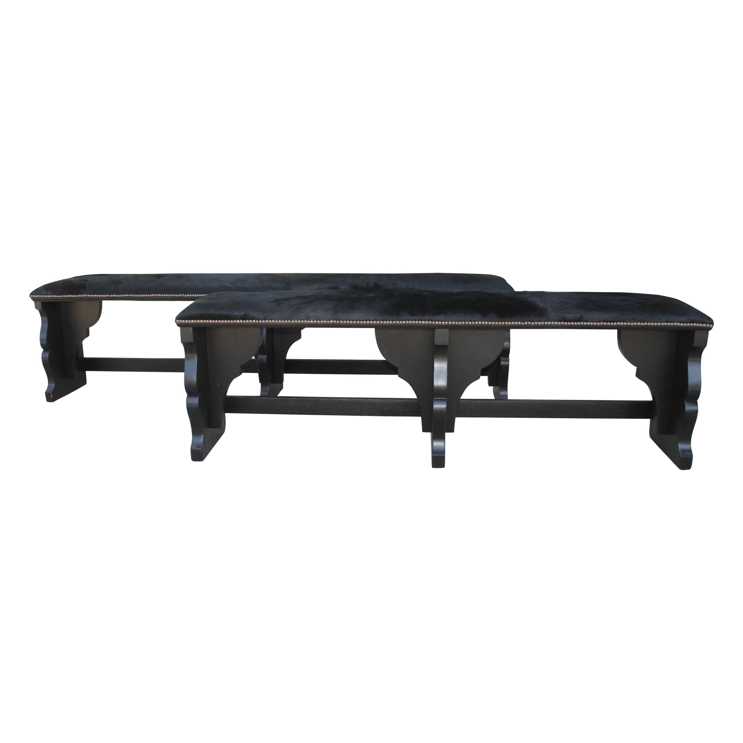  Pair of 19th Century Rustic Black Painted Cowhide Benches