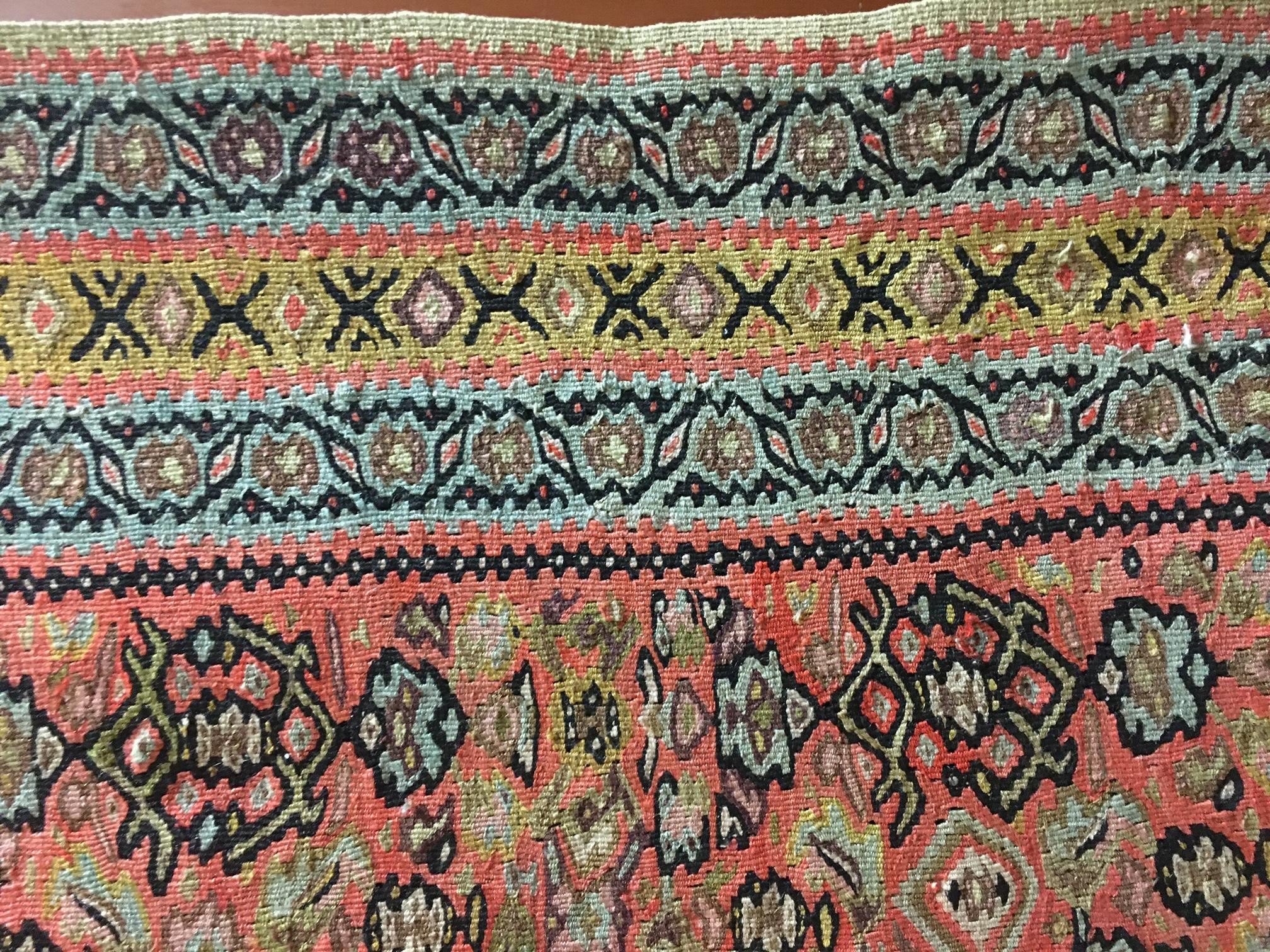 Central Asian 19thc Senneh Kilim Handwoven Flat Weave Carpet For Sale