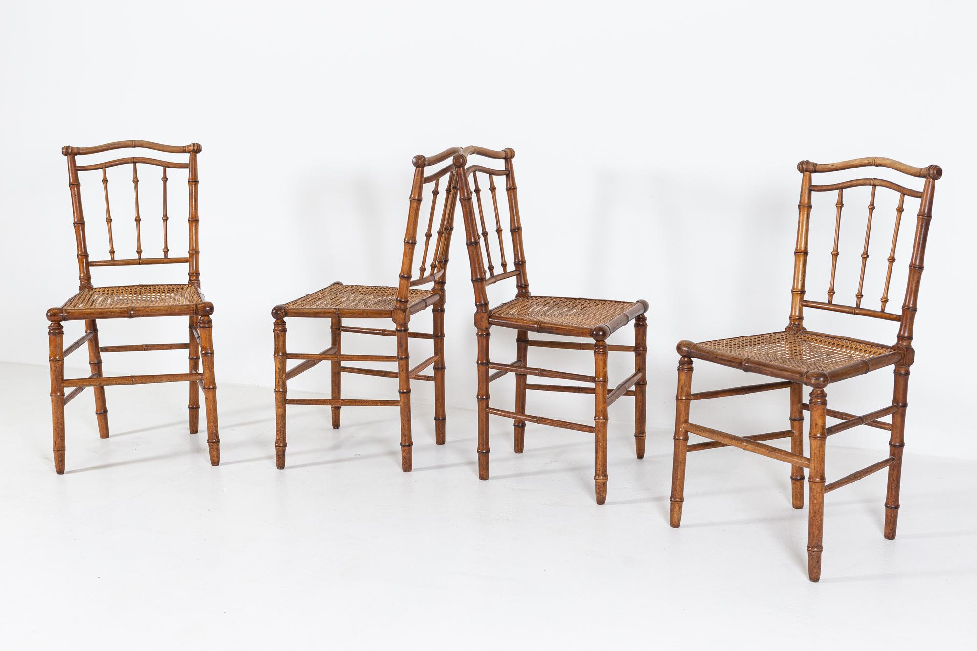 19thC Set of 4 French Faux Bamboo Rattan Chairs For Sale 6