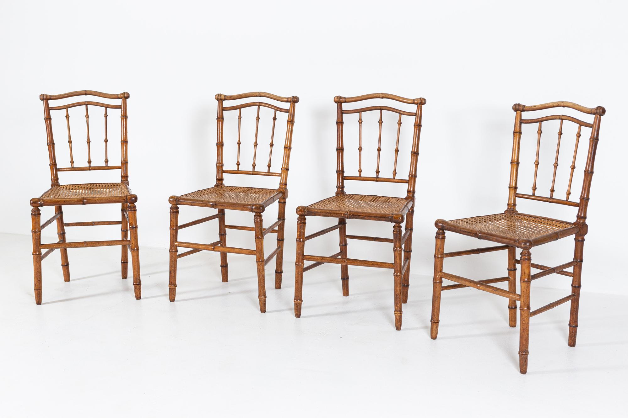 19thC Set of 4 French Faux Bamboo Rattan Chairs For Sale 7