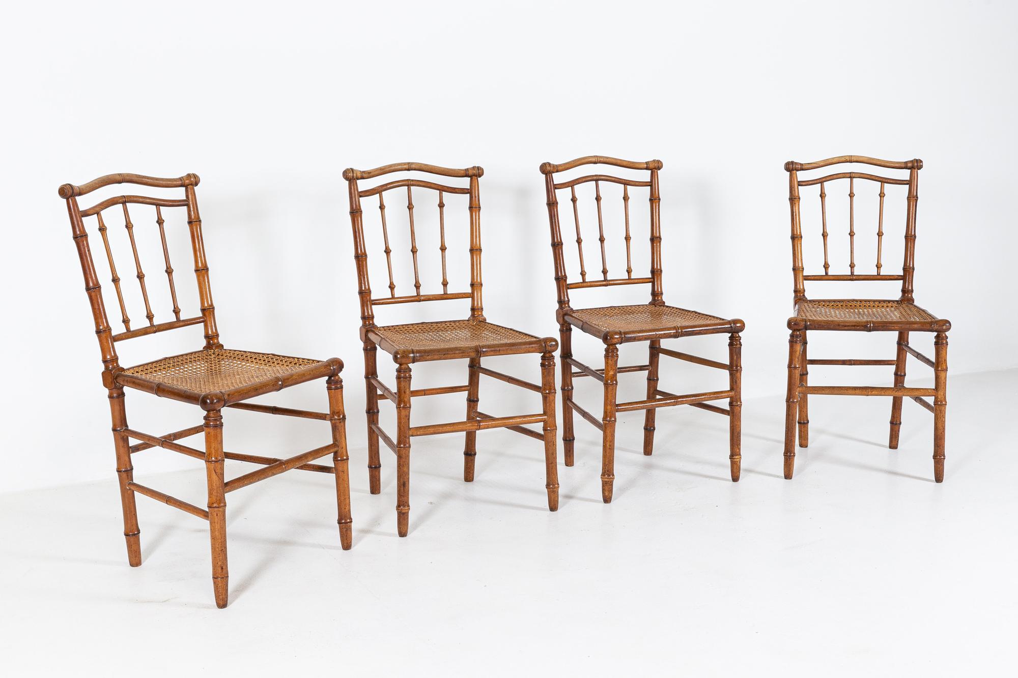 19thC Set of 4 French Faux Bamboo Rattan Chairs In Good Condition For Sale In Staffordshire, GB