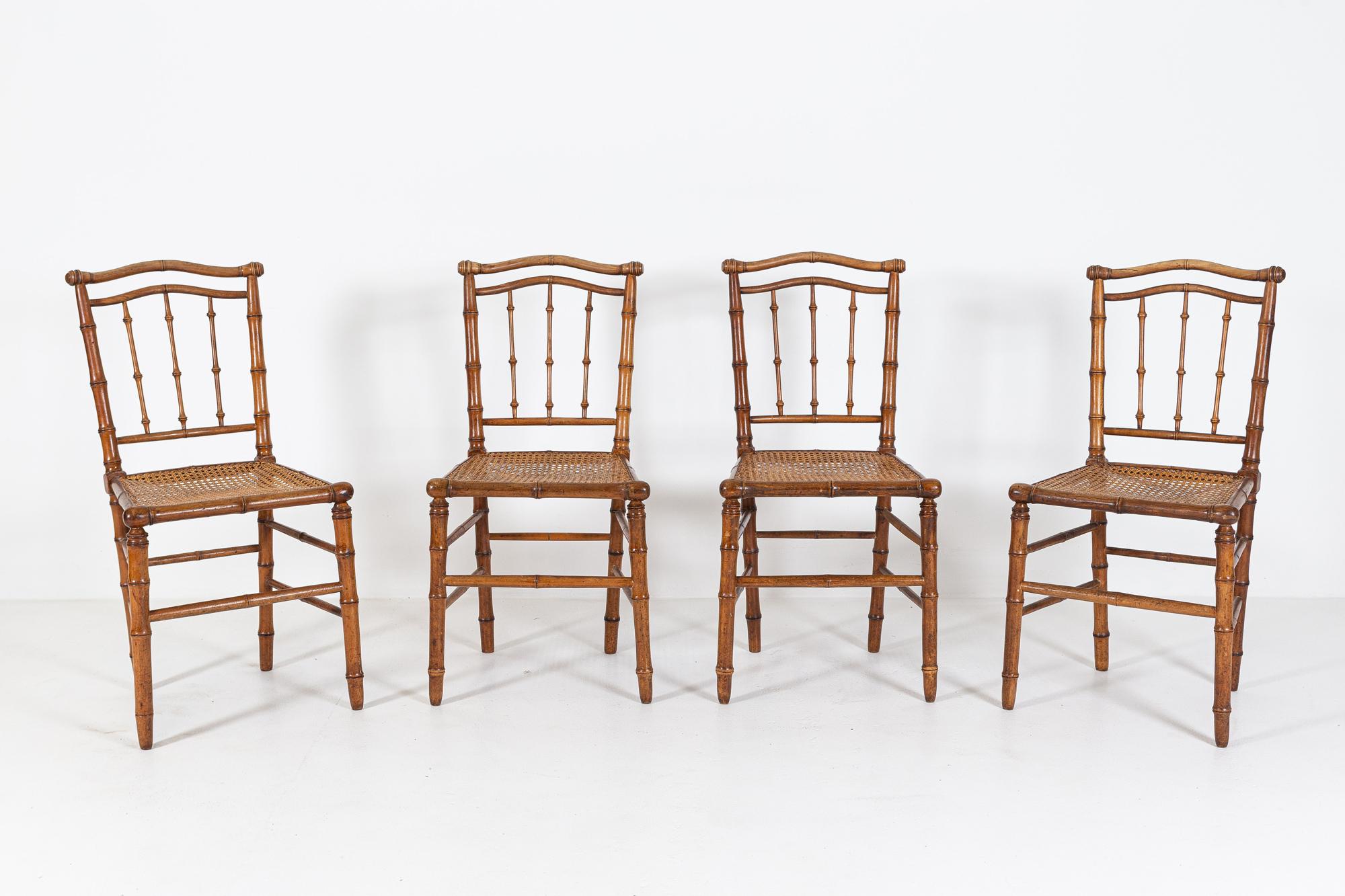 Rush 19thC Set of 4 French Faux Bamboo Rattan Chairs For Sale