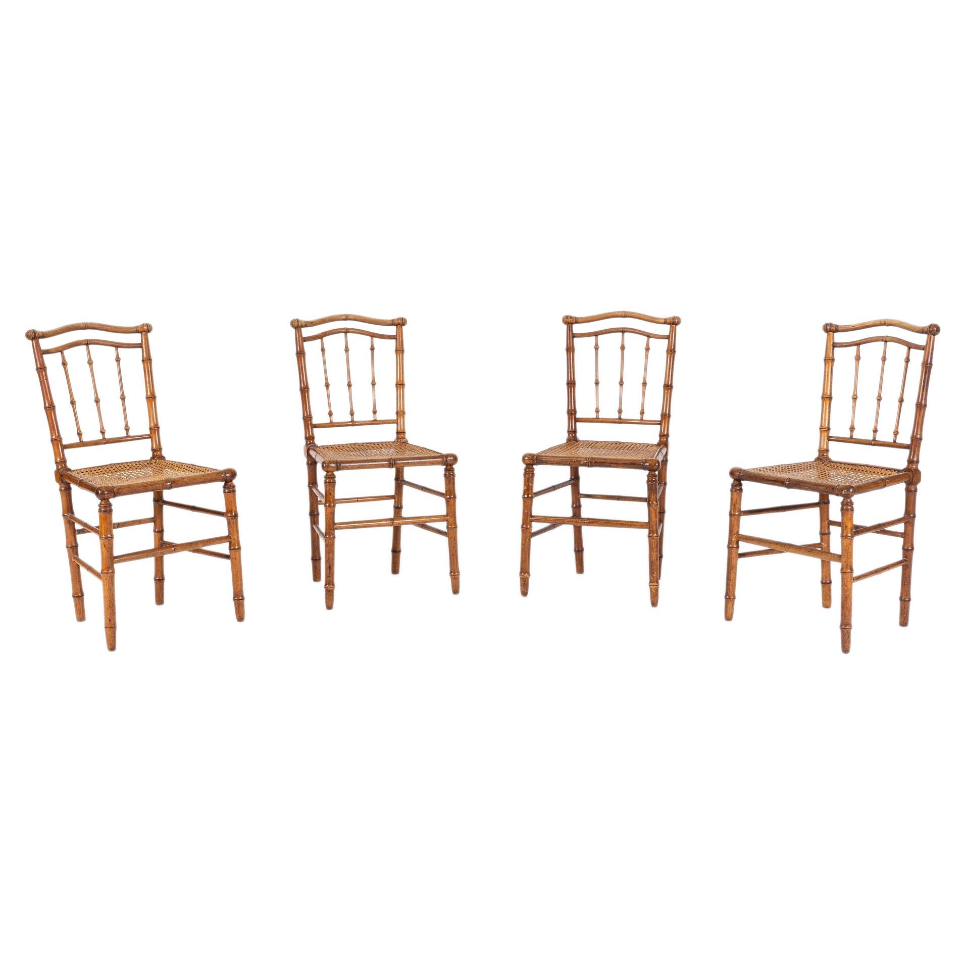 19thC Set of 4 French Faux Bamboo Rattan Chairs For Sale