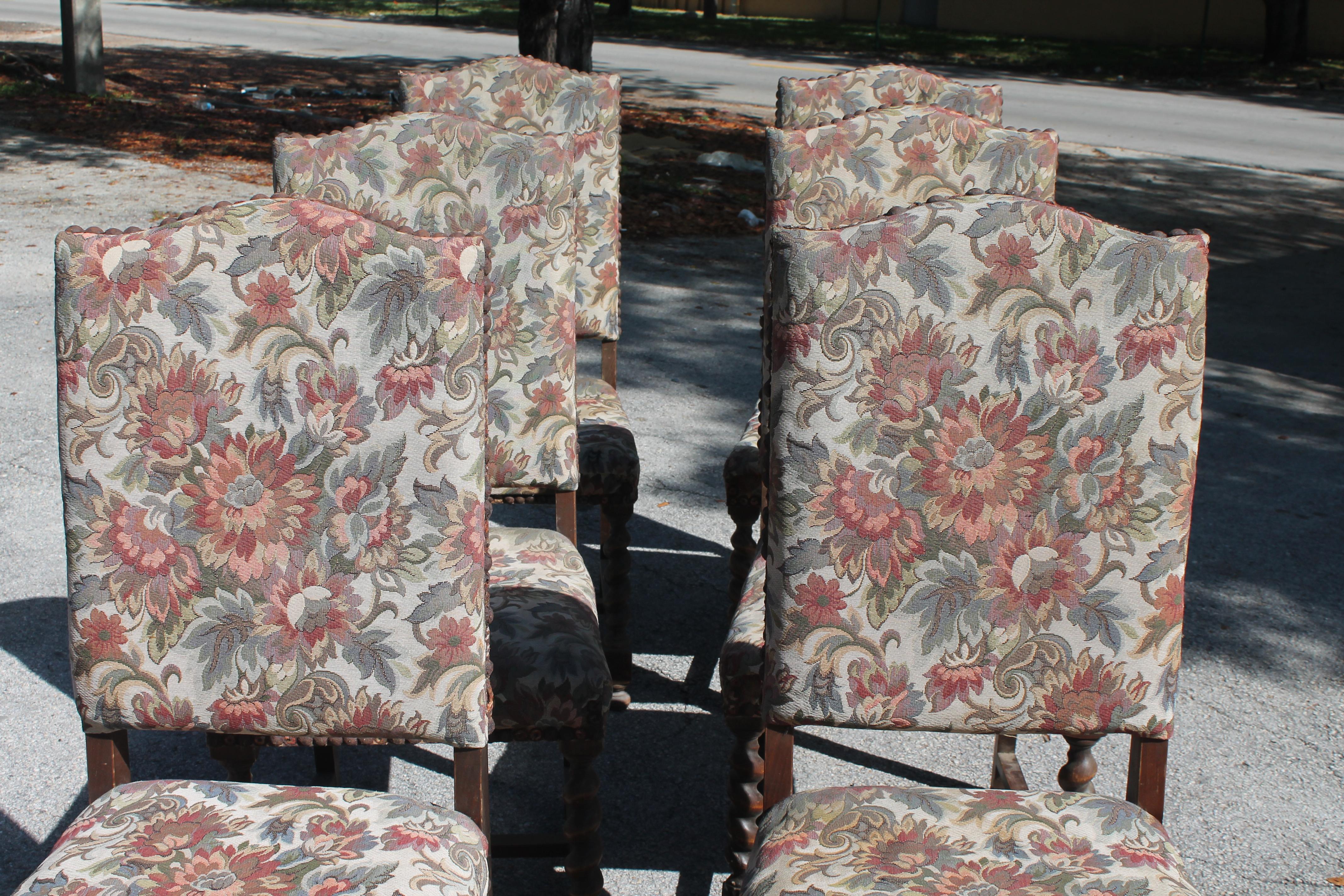 19thc Set of 6 French Louis XIV Carved Oak Tall Back Dining Chairs For Sale 4