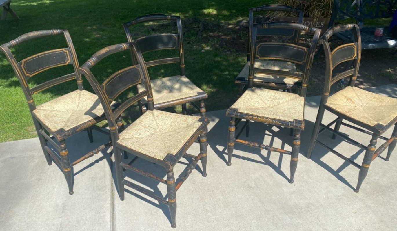 Adirondack 19thc Set of Six Original Paint Decorated Hitchcock Chairs