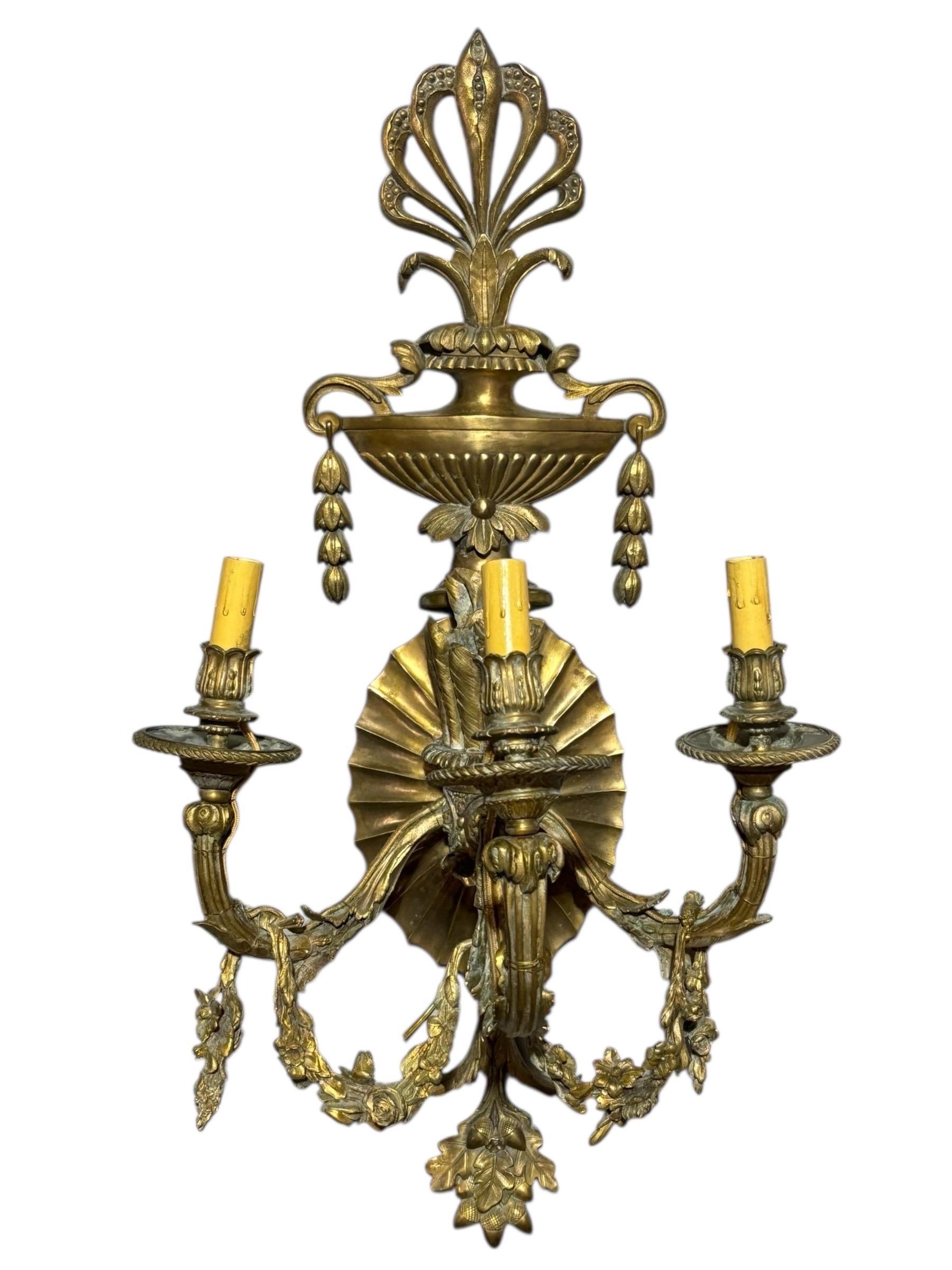 Neoclassical 19thC Signed Barbedienne Three Arm Sconces, a Pair For Sale