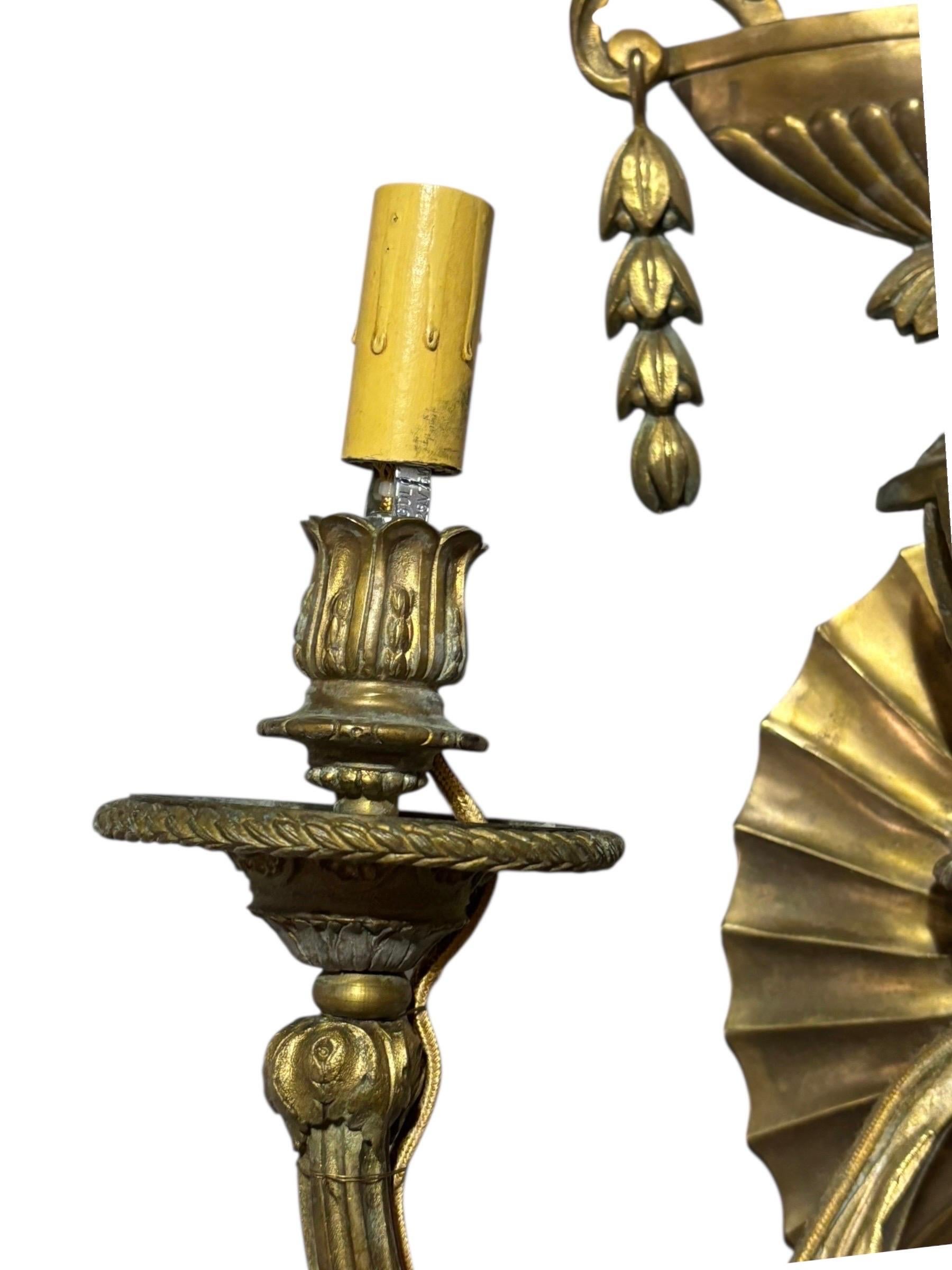Cast 19thC Signed Barbedienne Three Arm Sconces, a Pair For Sale