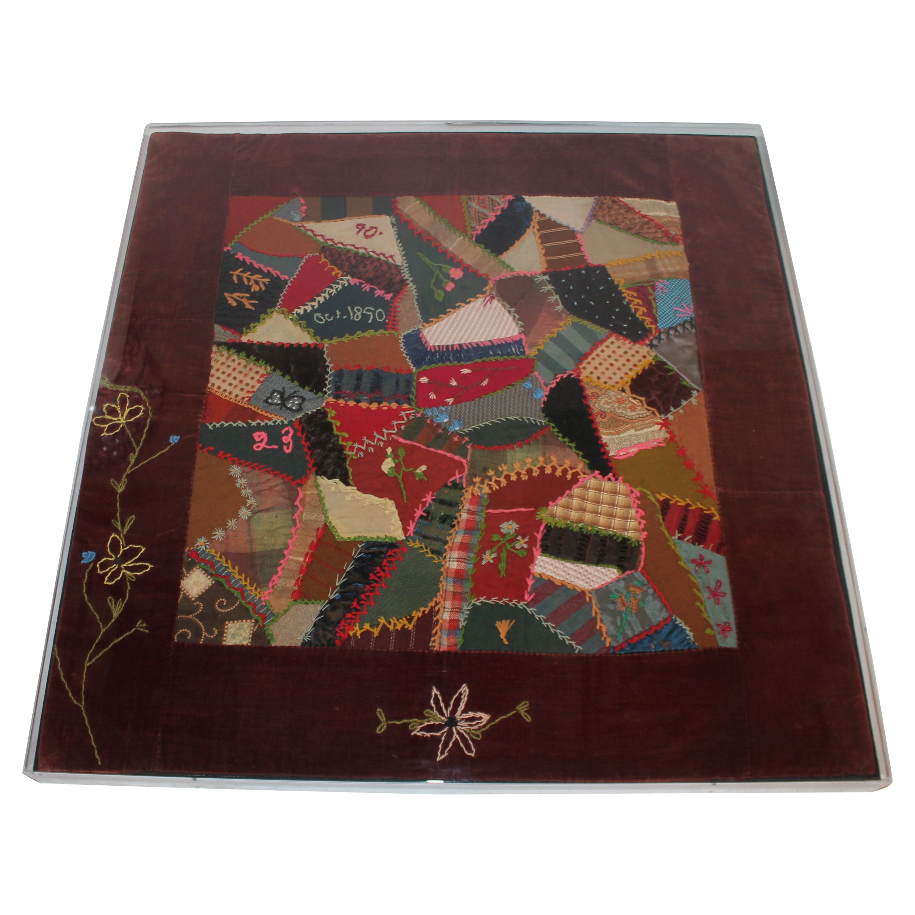 19thc Signed 
Dated 1890 Velvet Crazy Quilt