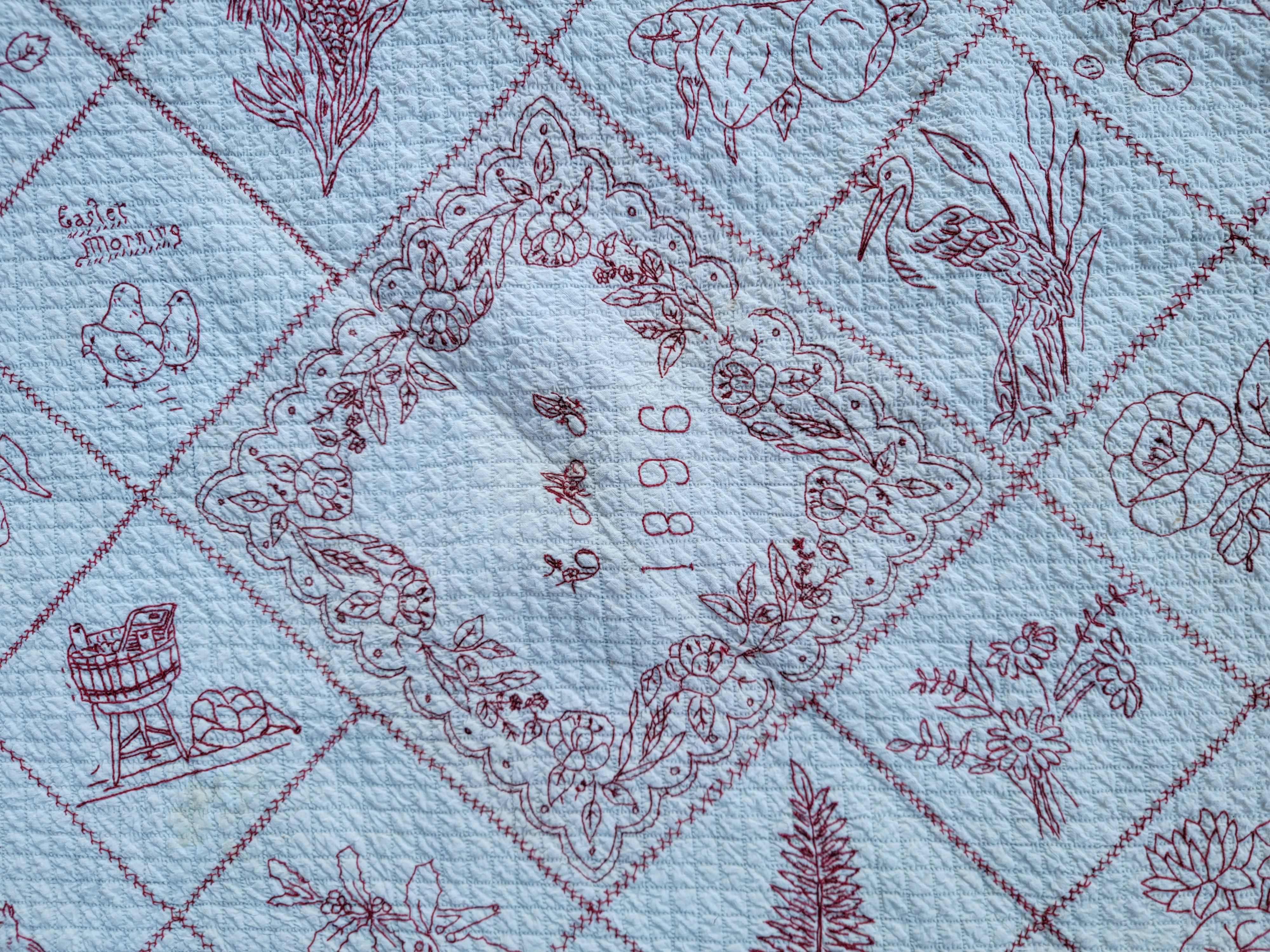 19th C Signed & Dated 1898 Embroidered Sampler Quilt In Good Condition For Sale In Los Angeles, CA