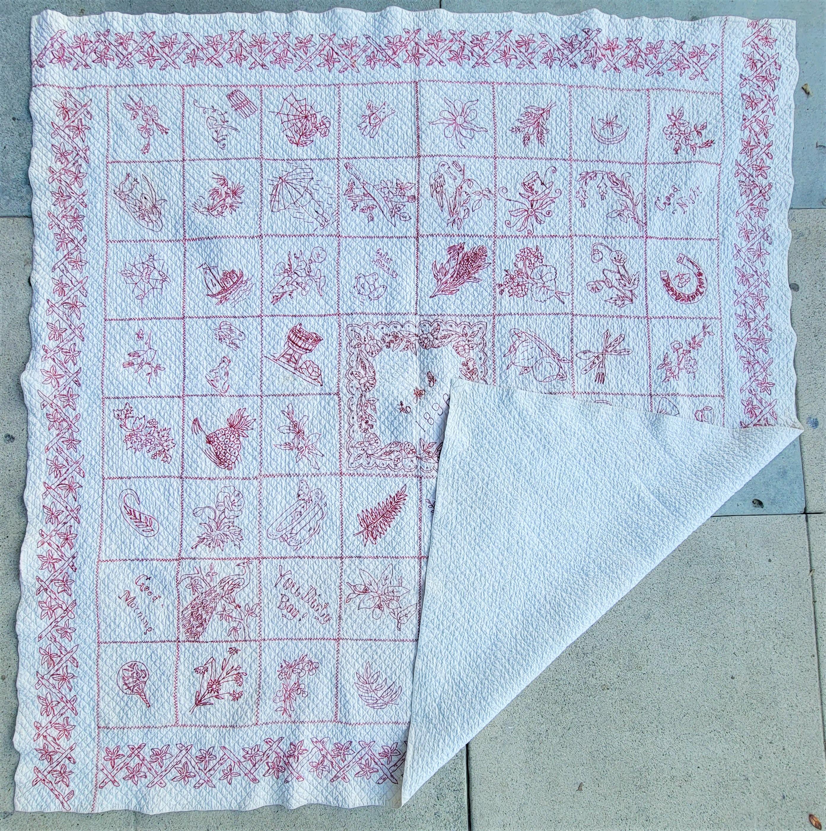 19th Century 19th C Signed & Dated 1898 Embroidered Sampler Quilt For Sale