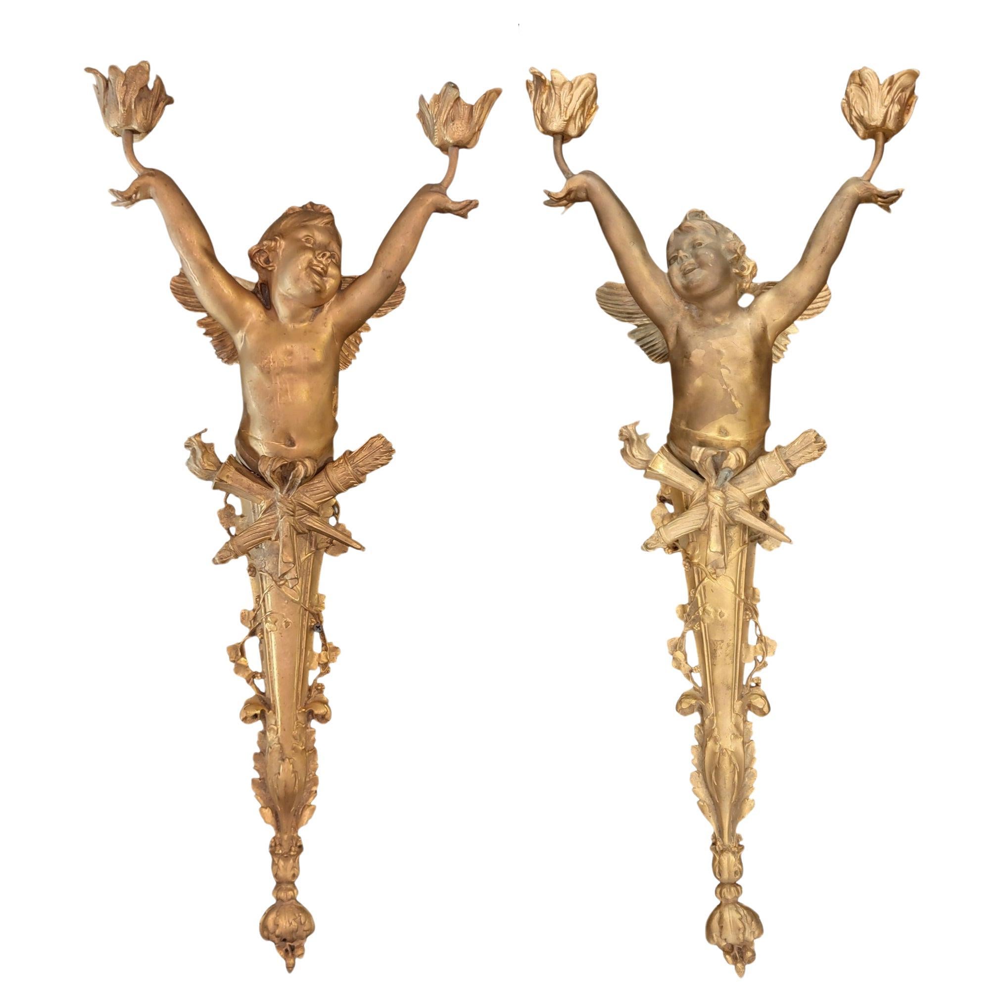 19thc Signed French Dore Bronze Sconces