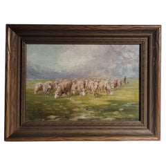 Pittura ad olio di pecore firmata 19Thc ( Artista elencato)