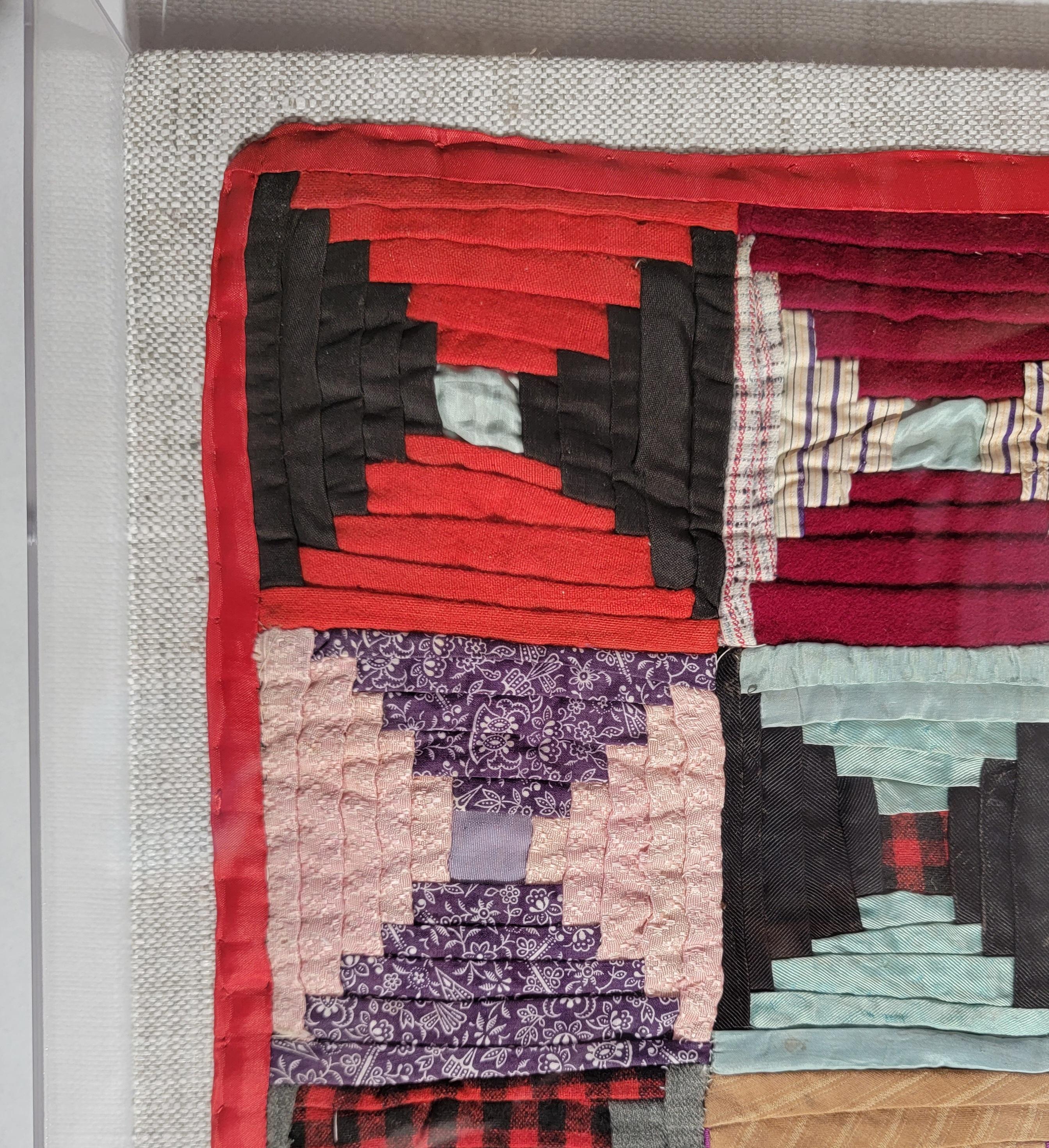 19thc Silk & Velvet Mini Log Cabin-Hour Glass Doll Quilt In Good Condition In Los Angeles, CA