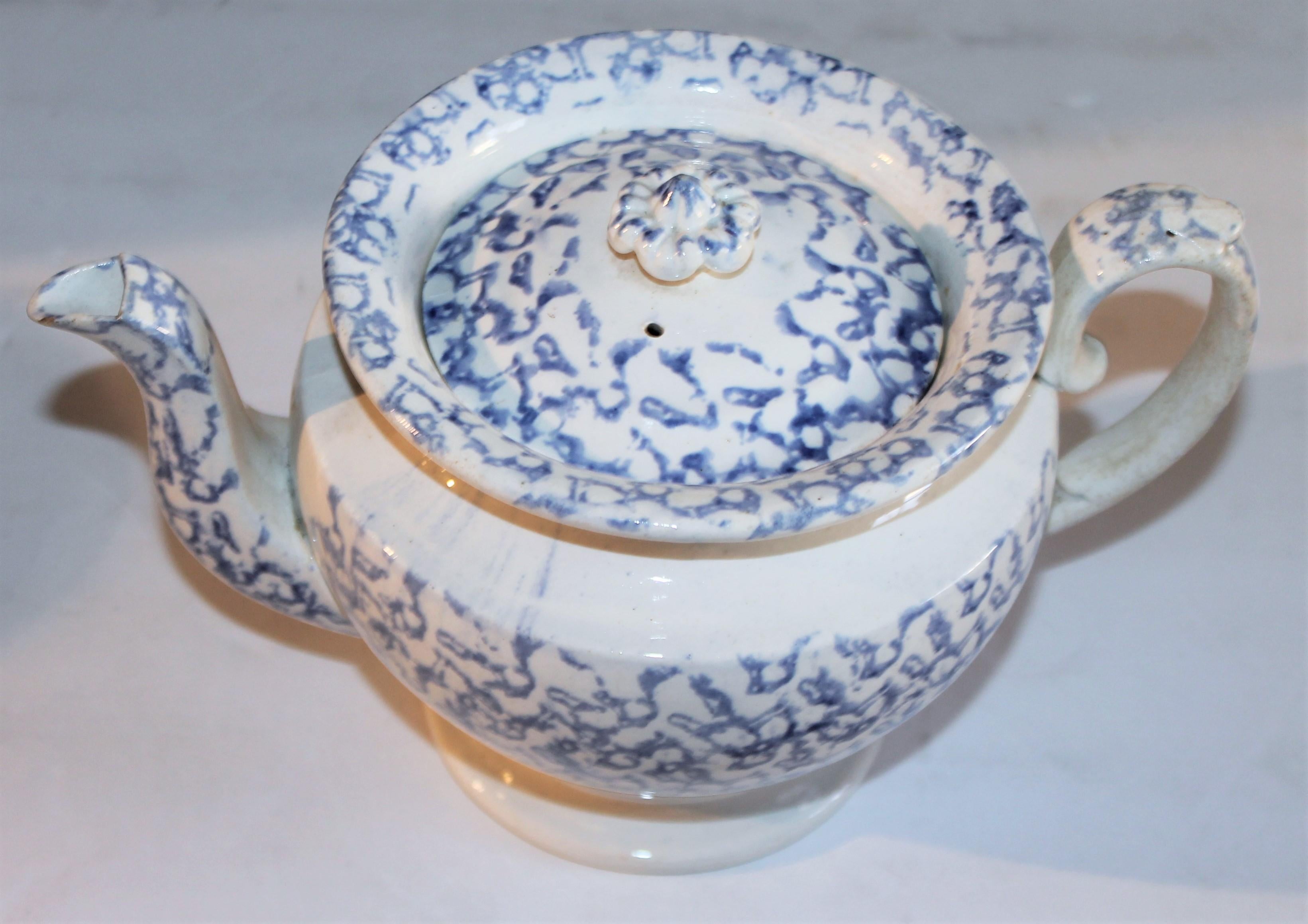 19Thc blue & white spatter ware soft paste teapot in fine condition. These are very rare and very hard to find.
