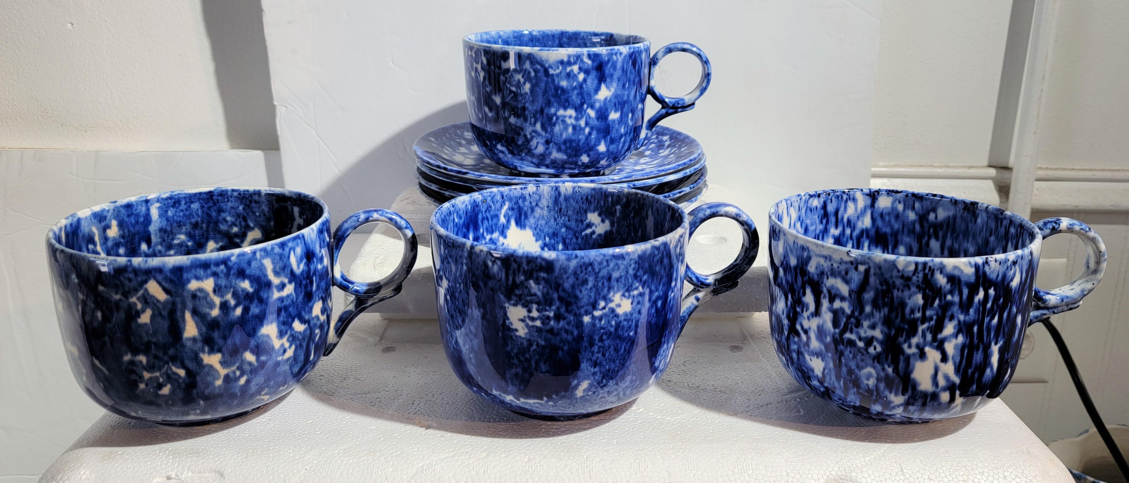 This matching set of four 19thc sponge ware mush cups and saucers are in pristine condition.Many different shades of blues.Found in Pennsylvania private collection. Sold as a set of Four cups & saucers.

Saucers measure 7 inches in diameter and 1