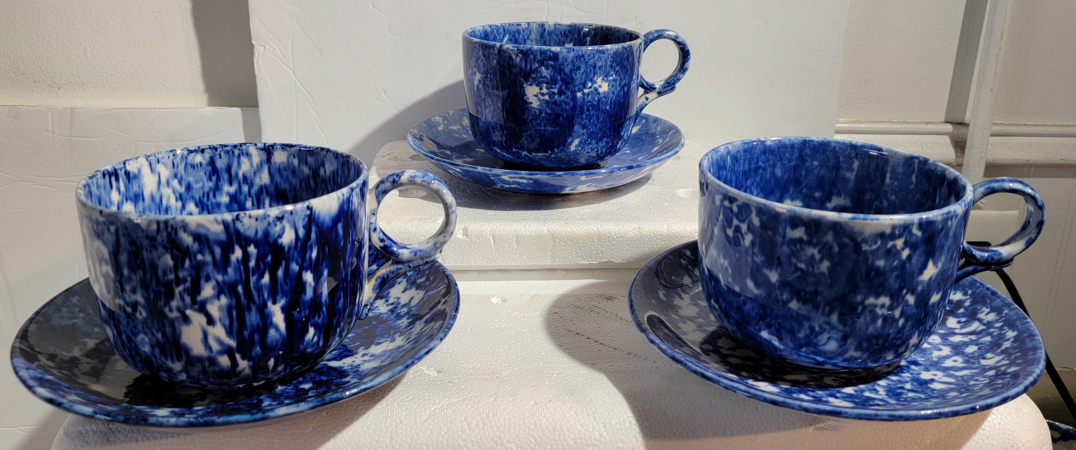 Adirondack 19th C Sponge Mush Cups and Saucers, Set of Four For Sale