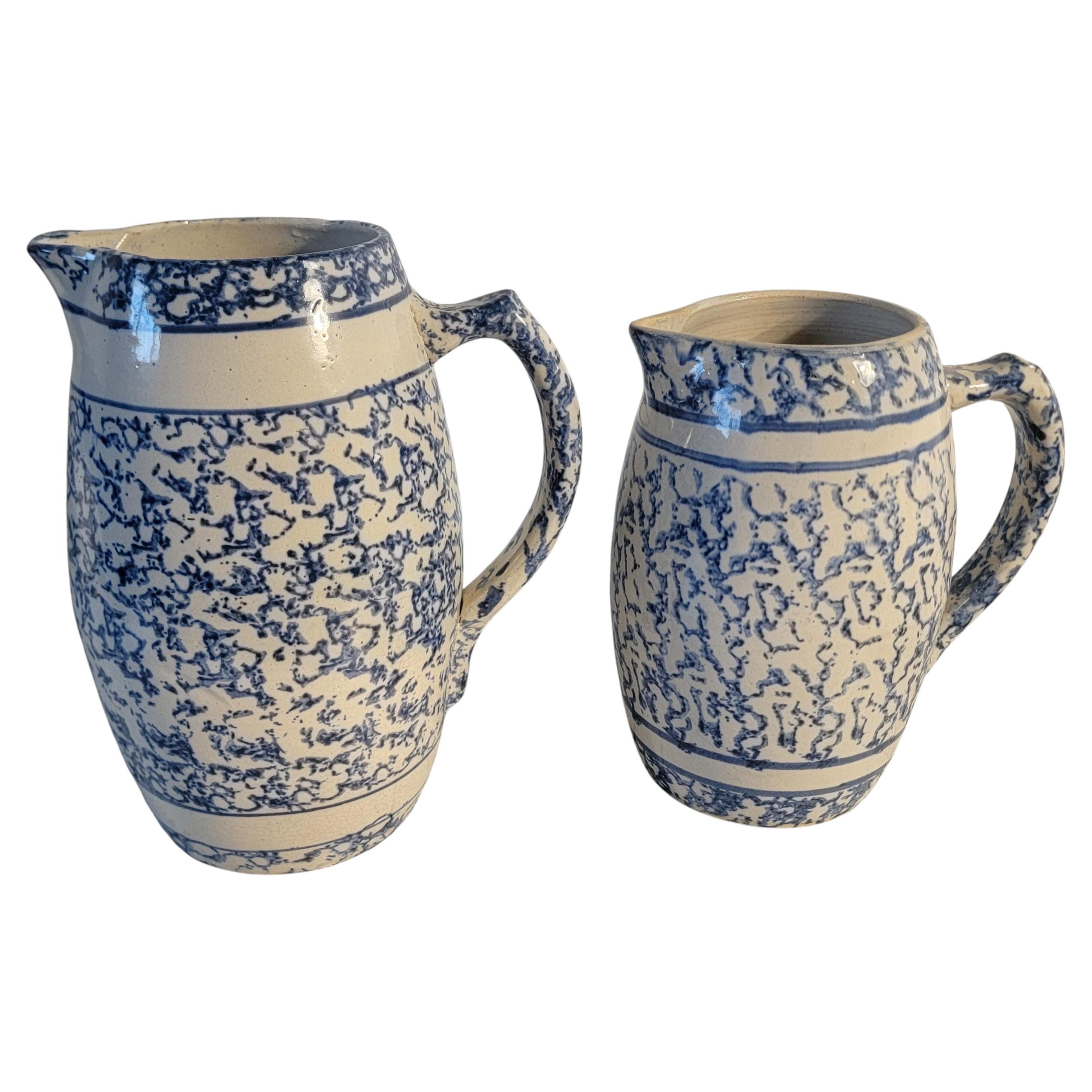 19thc Sponge Pitchers With Bands -Pair