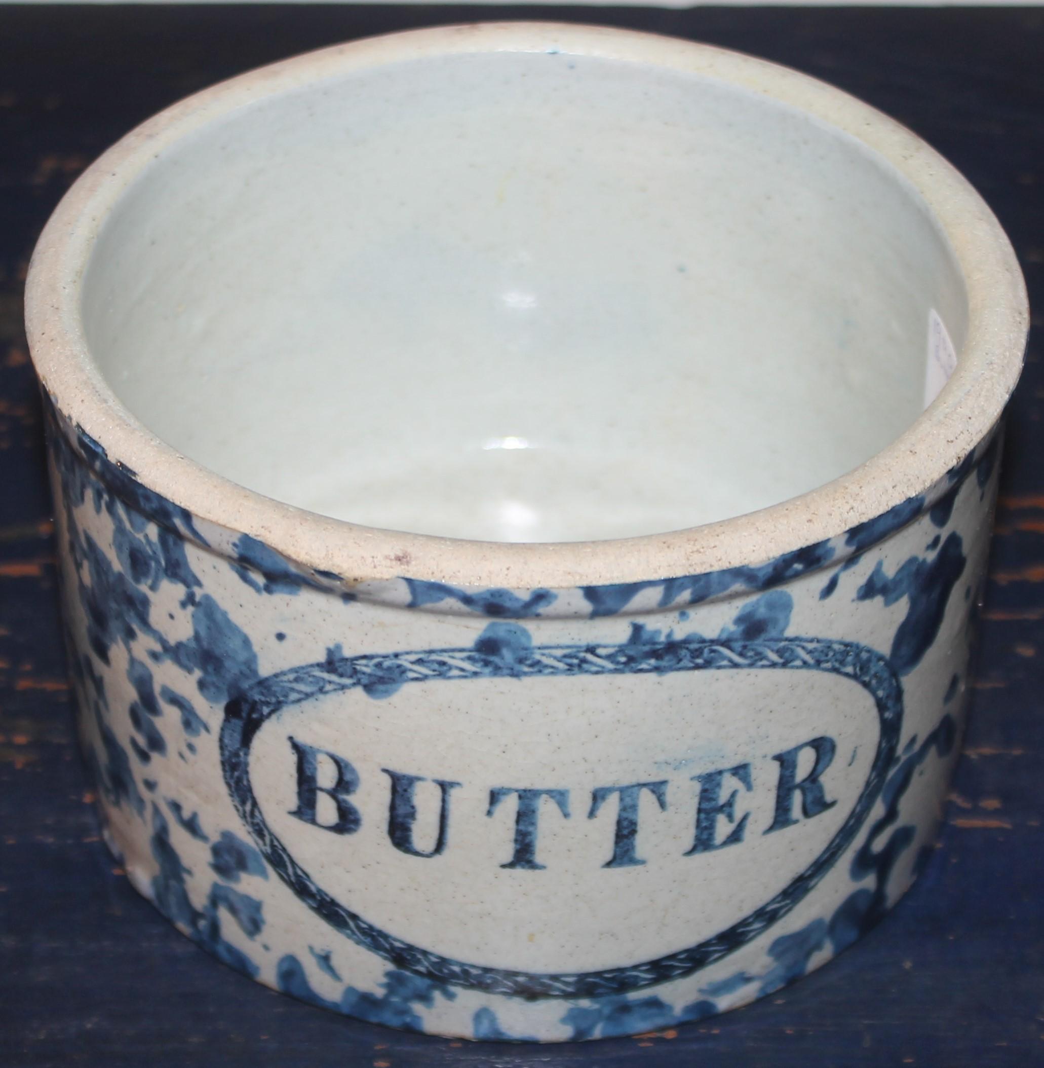 Hand-Crafted 19th C Sponge Pottery Butter Crocks -3 For Sale