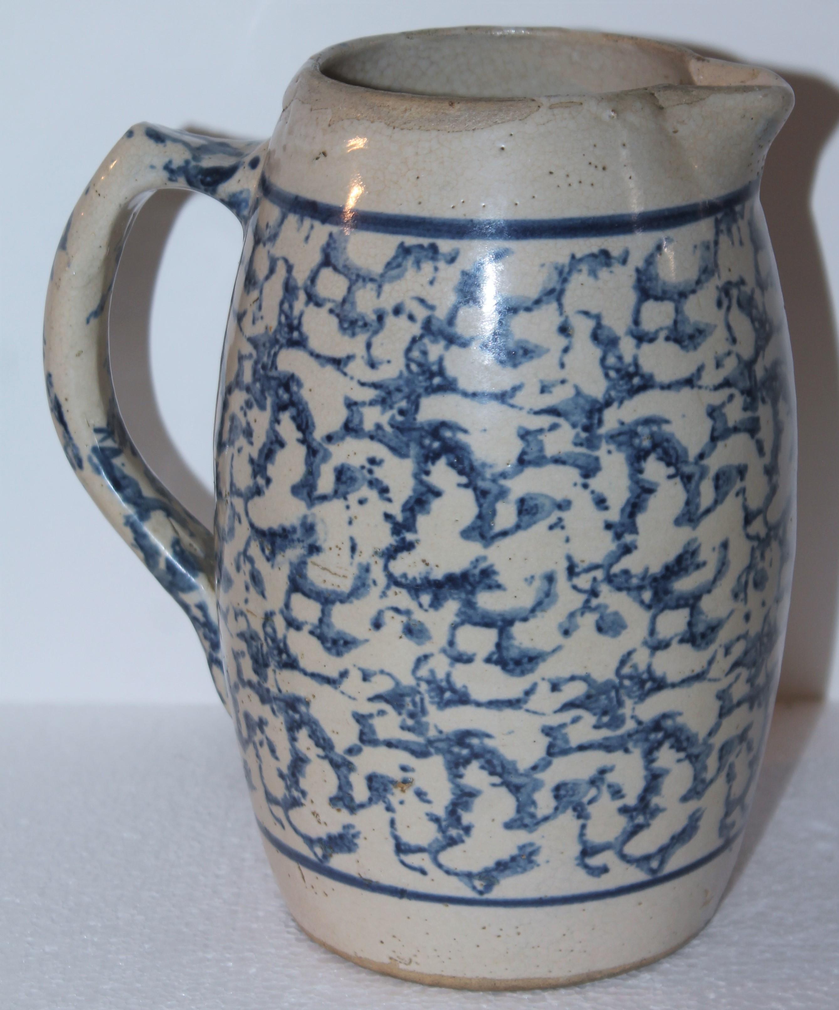 19thc blue & white sponge ware barrel pottery pitcher. This is a very hard to find pitcher.
