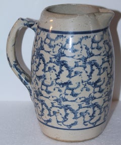 19thc Sponge Ware Barrel Pottery Pitcher