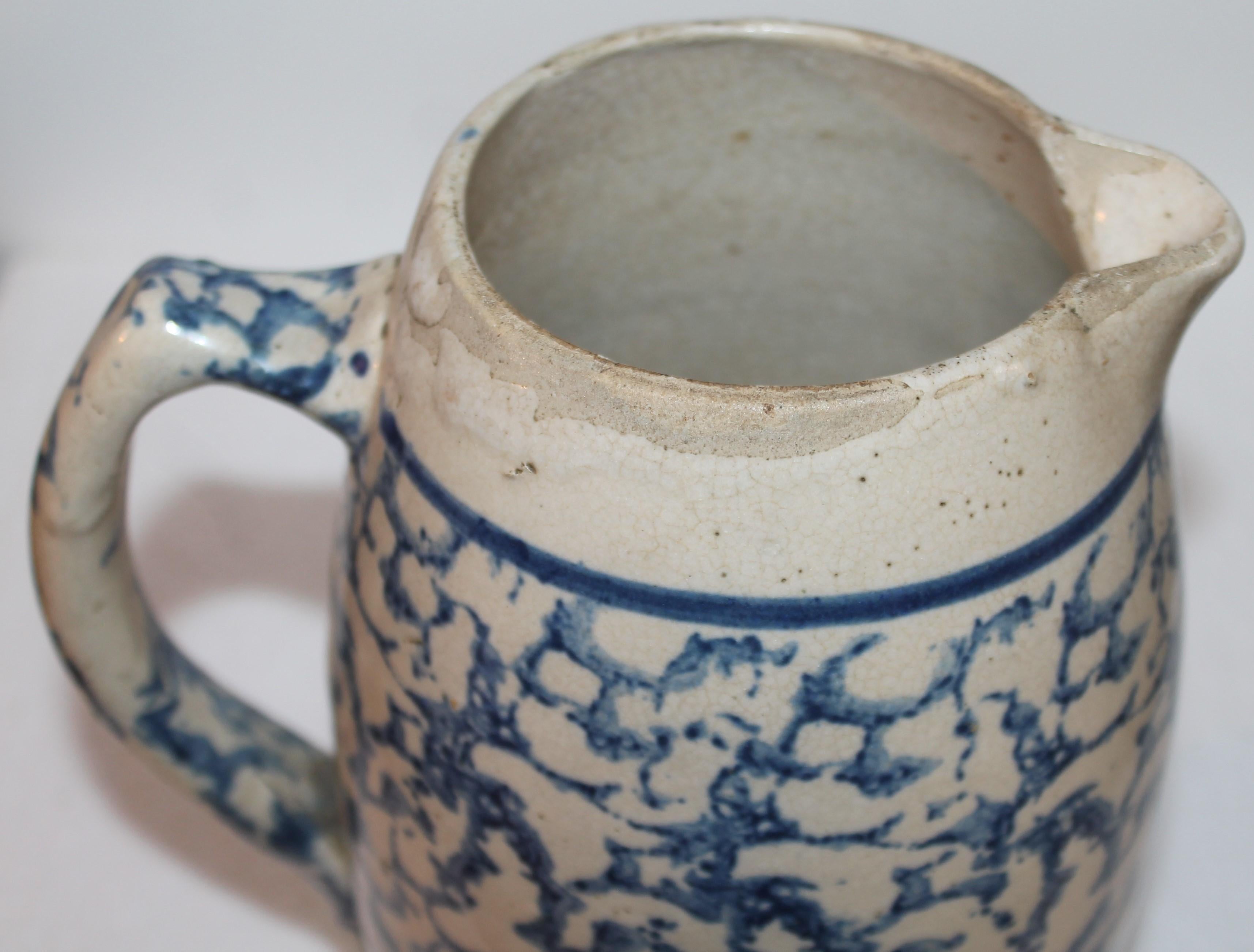 Hand-Crafted 19thc Sponge Ware Barrel Pottery Pitcher For Sale