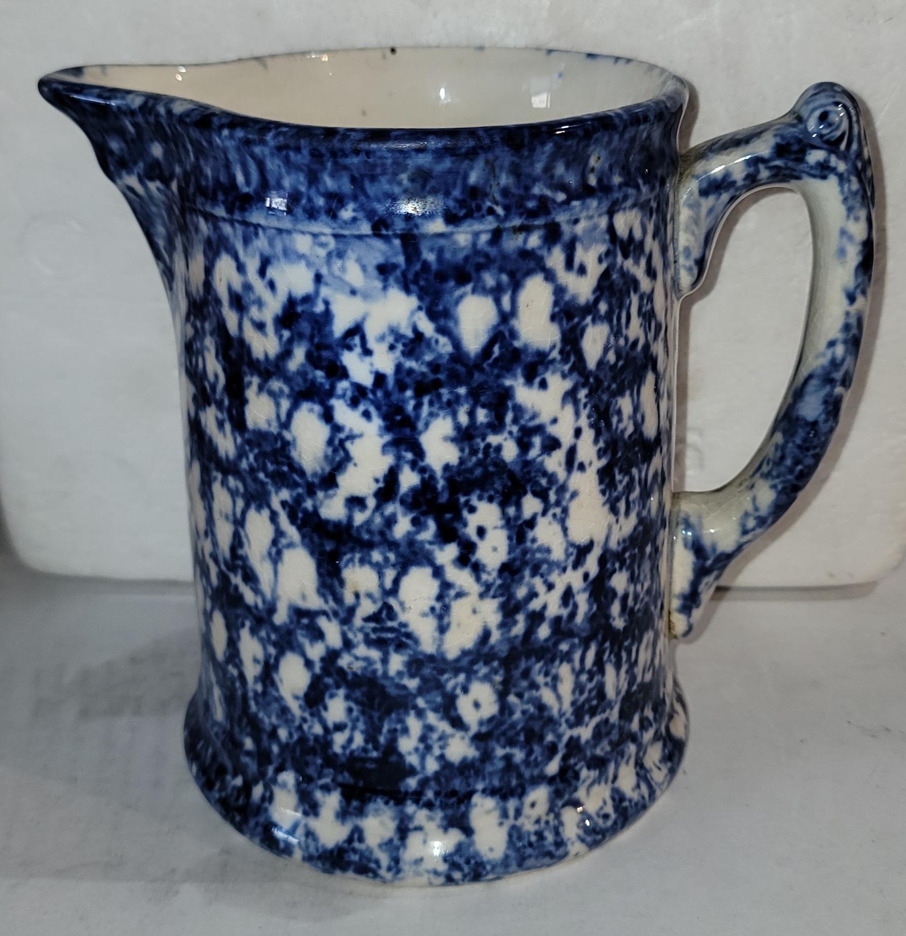 Hand-Painted 19thc Sponge Ware Blue & White Pitchers Collection, 4 For Sale
