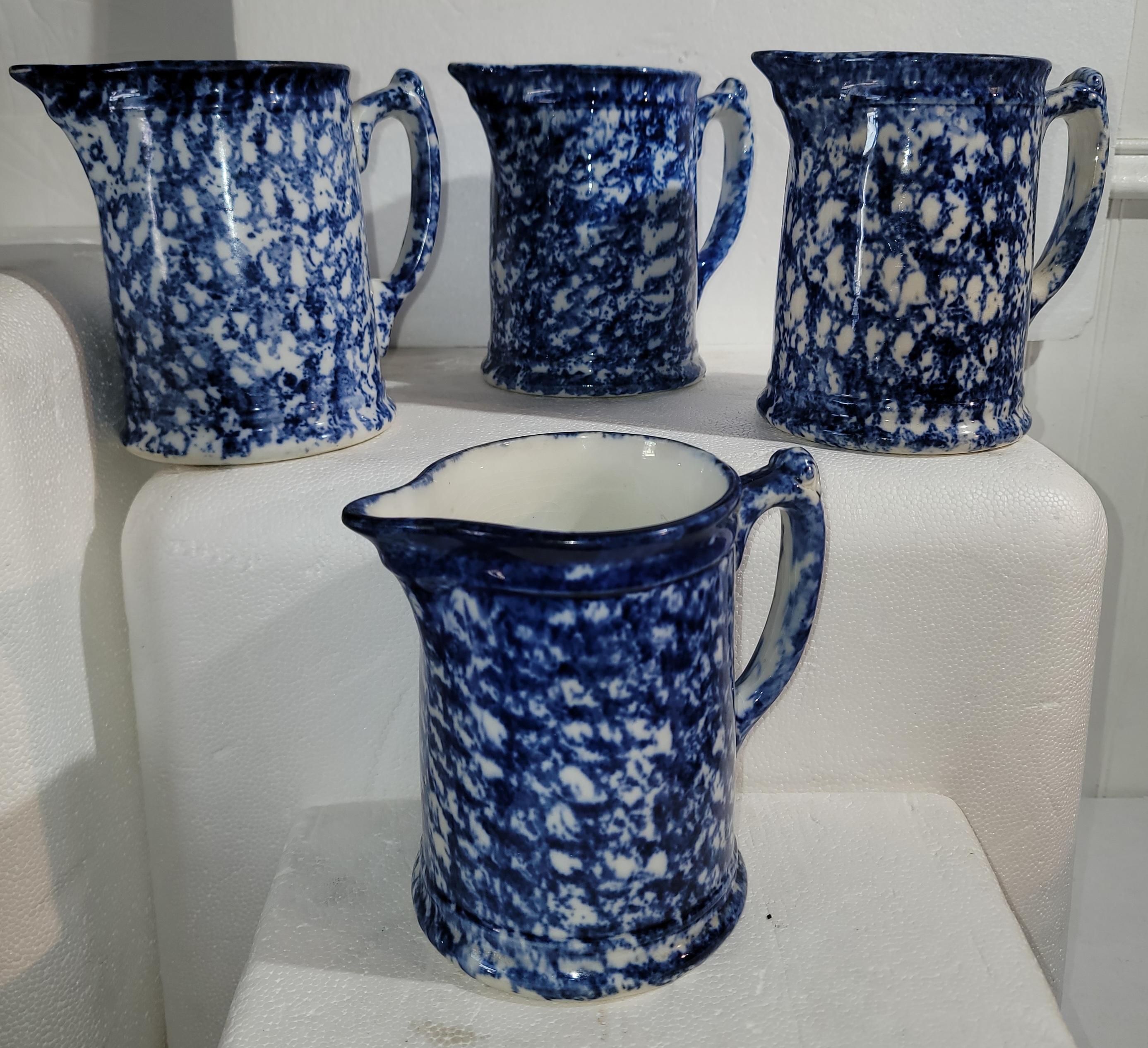 Pottery 19thc Sponge Ware Blue & White Pitchers Collection, 4 For Sale