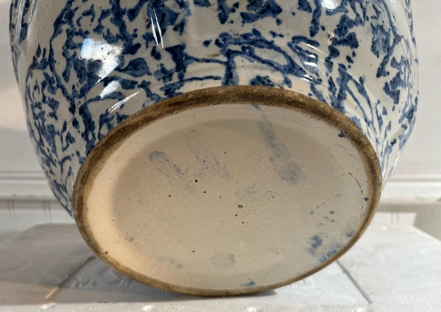 19thc Sponge ware pitcher with hand painted blue scalloped design. The bowl was made to have a scalloped texture feel underneath the hand painted blue sponge look. Great color to the body , wonderful wear consistent of age and use. Great patina.