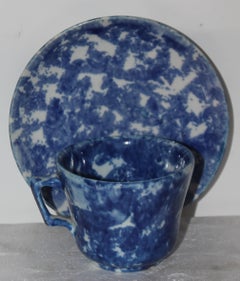 19thc Sponge Ware Cup and Saucers, Set of Four