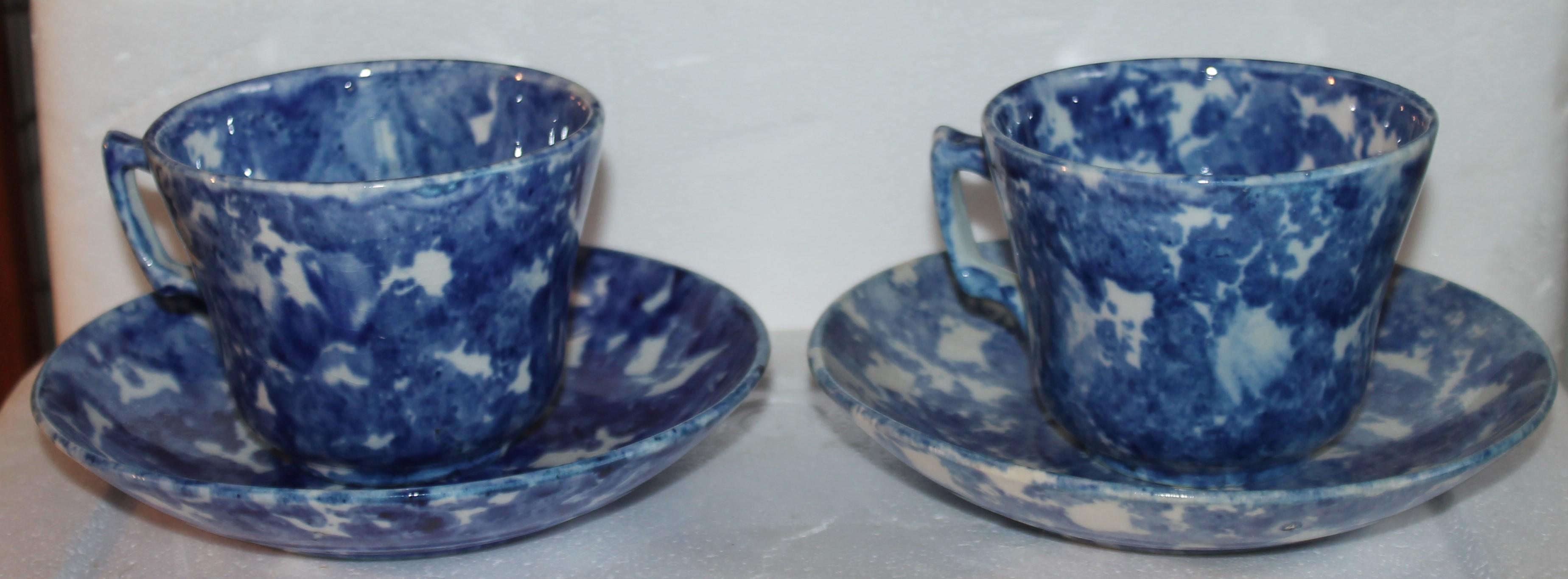 Adirondack 19thc Sponge Ware Cup and Saucers, Set of Four For Sale
