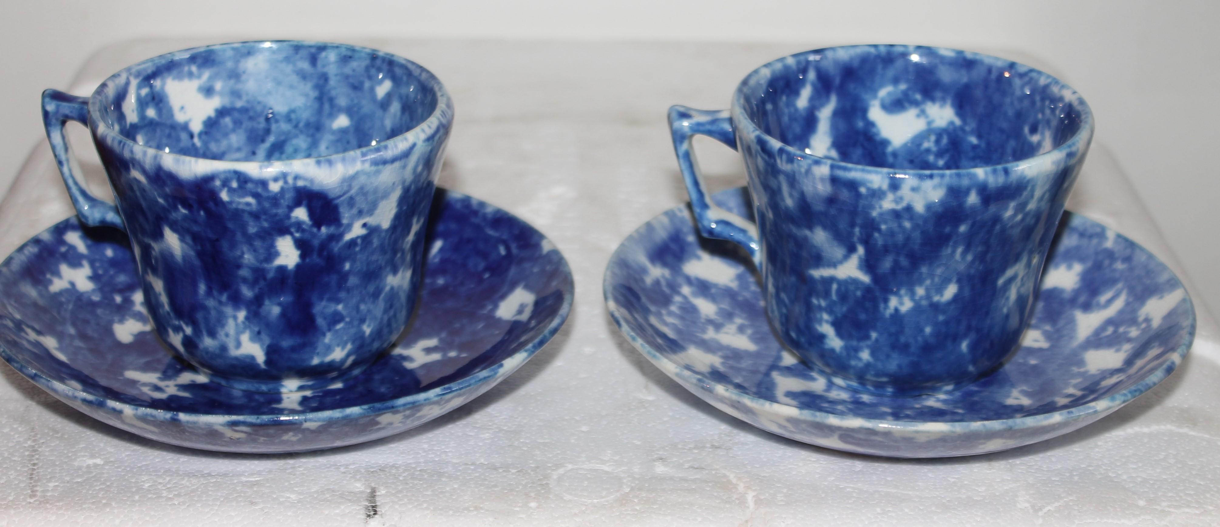 North American 19thc Sponge Ware Cup and Saucers, Set of Four For Sale