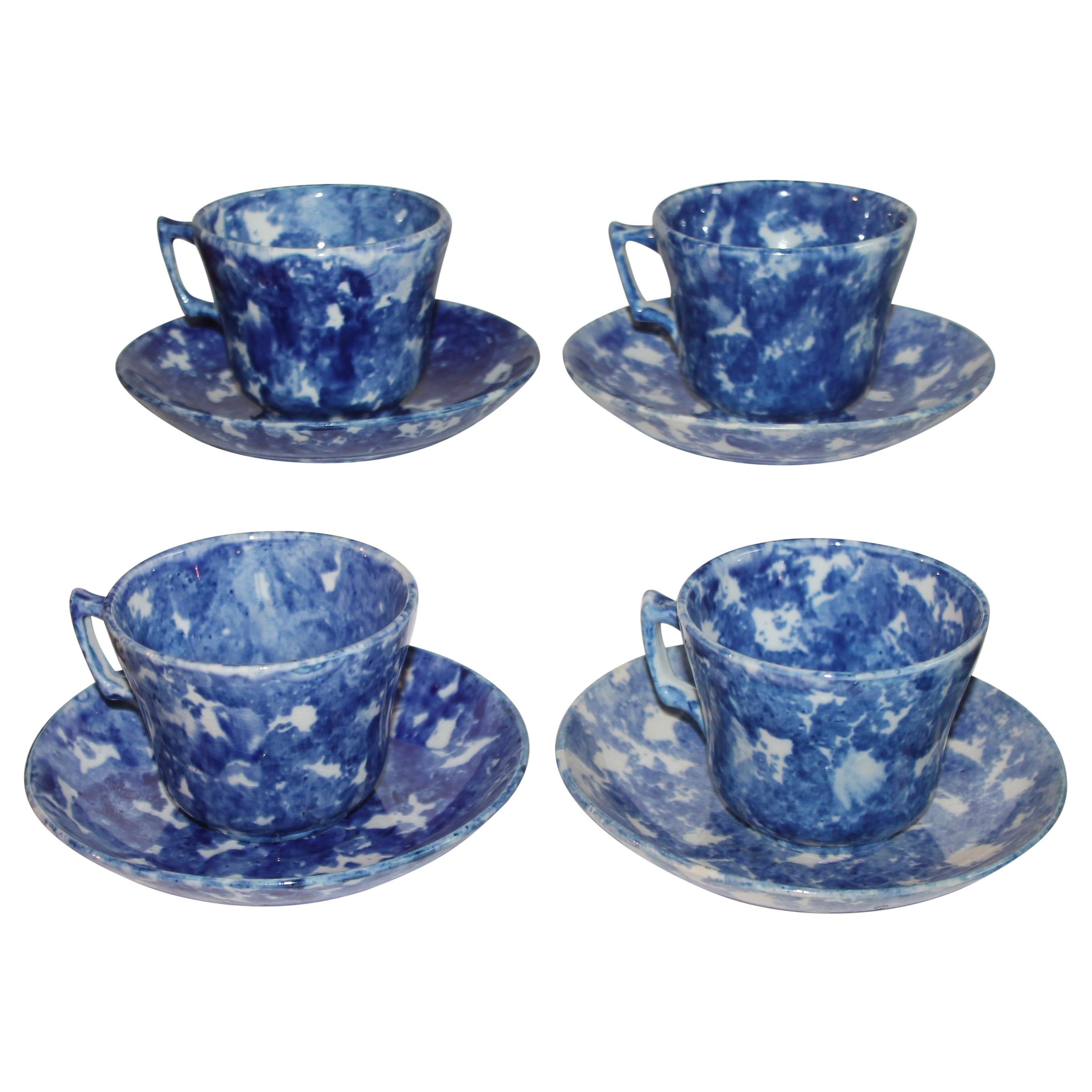 19thc Sponge Ware Cup and Saucers, Set of Four