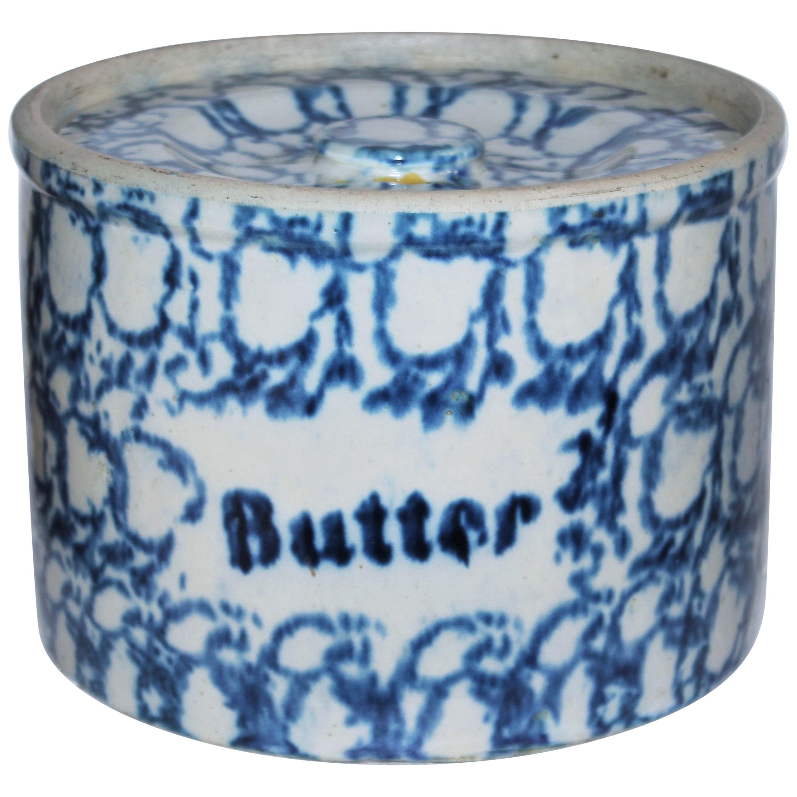 19thc Sponge Ware Large Butter Crock