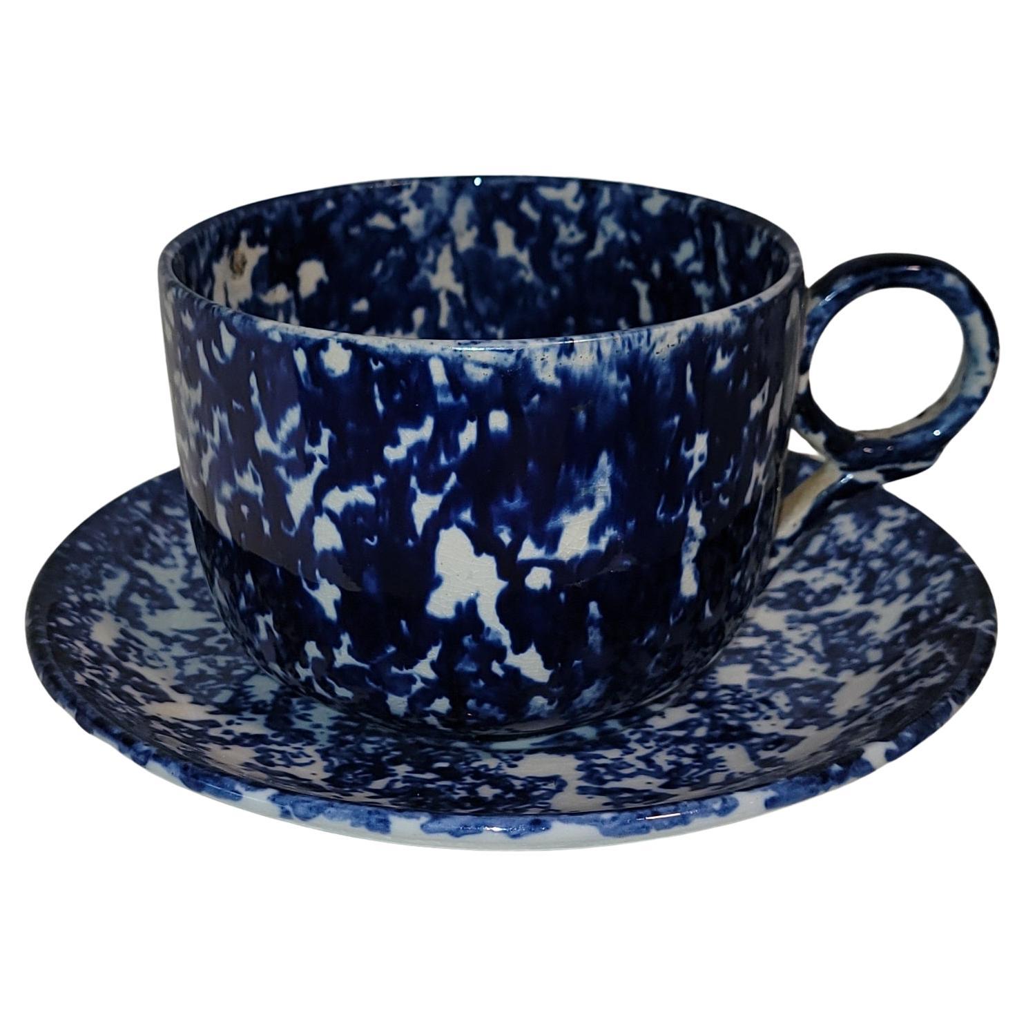 19Thc Sponge Ware Mush Cup and Saucer Set