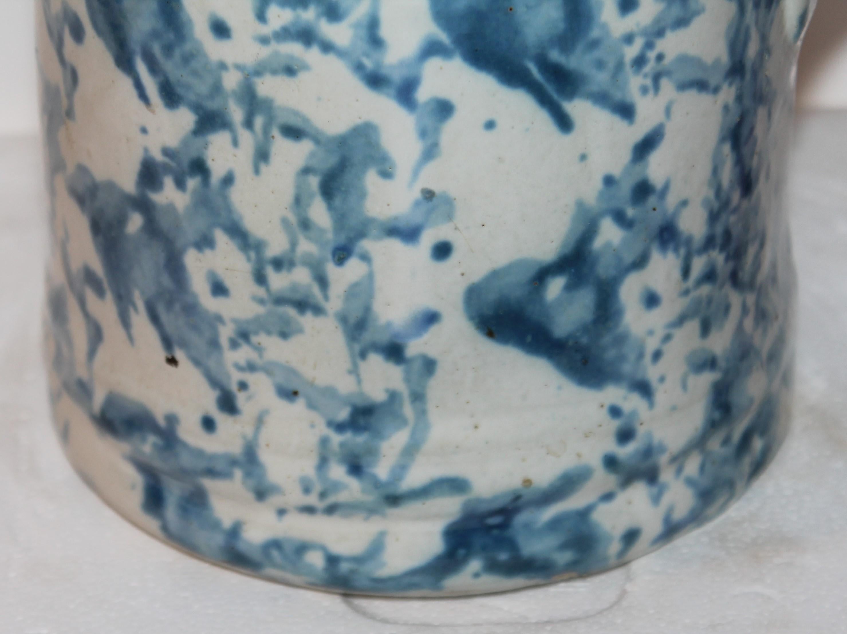 19thc Sponge ware pitcher with blue and cream design glazed for protection and preservation of paint. Great condition blue sky like design.