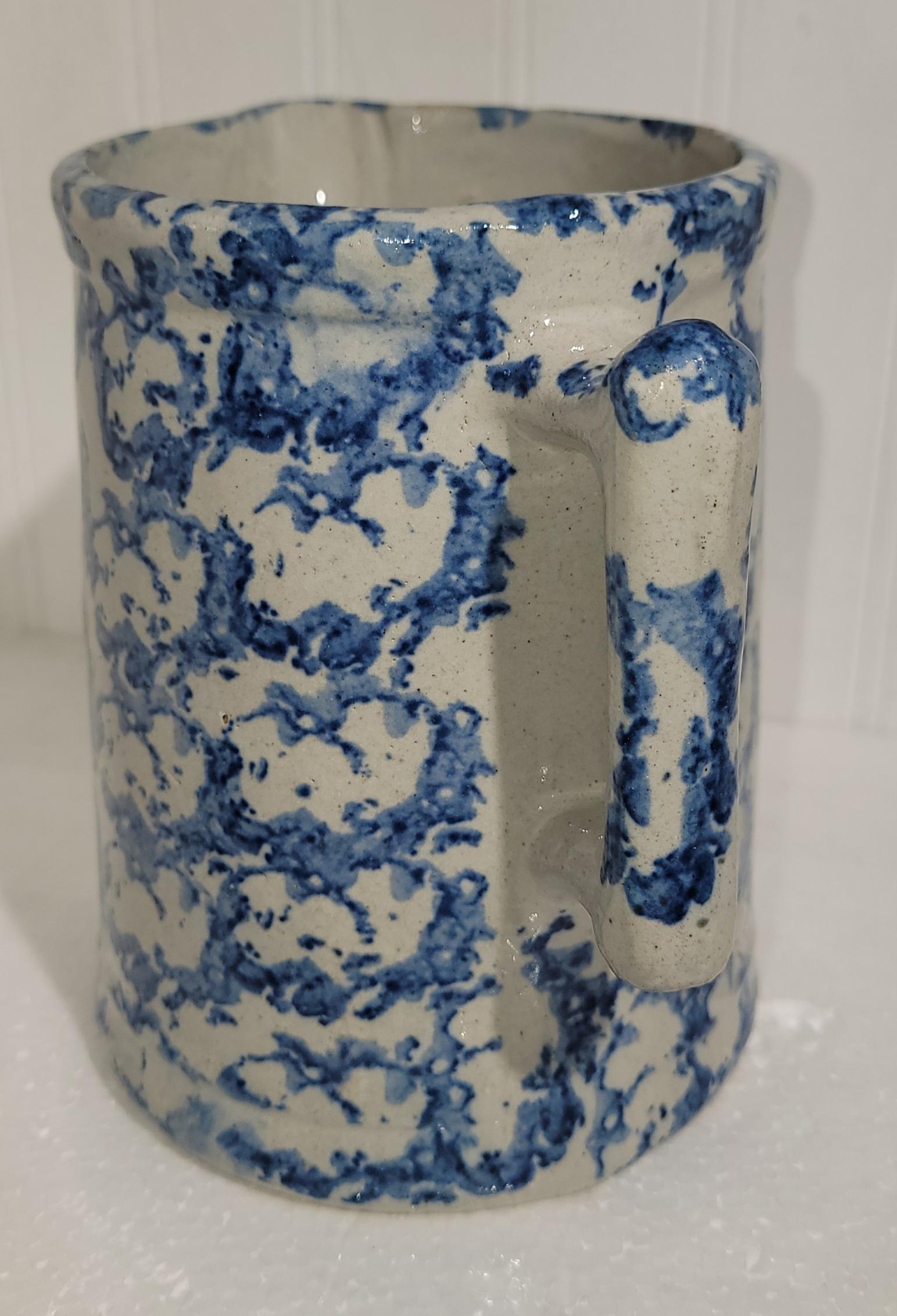 19th century spongeware pitcher. Great smaller sized pitcher with hand painted sponge pattern. Great pitcher with beautiful blue and white pattern. 