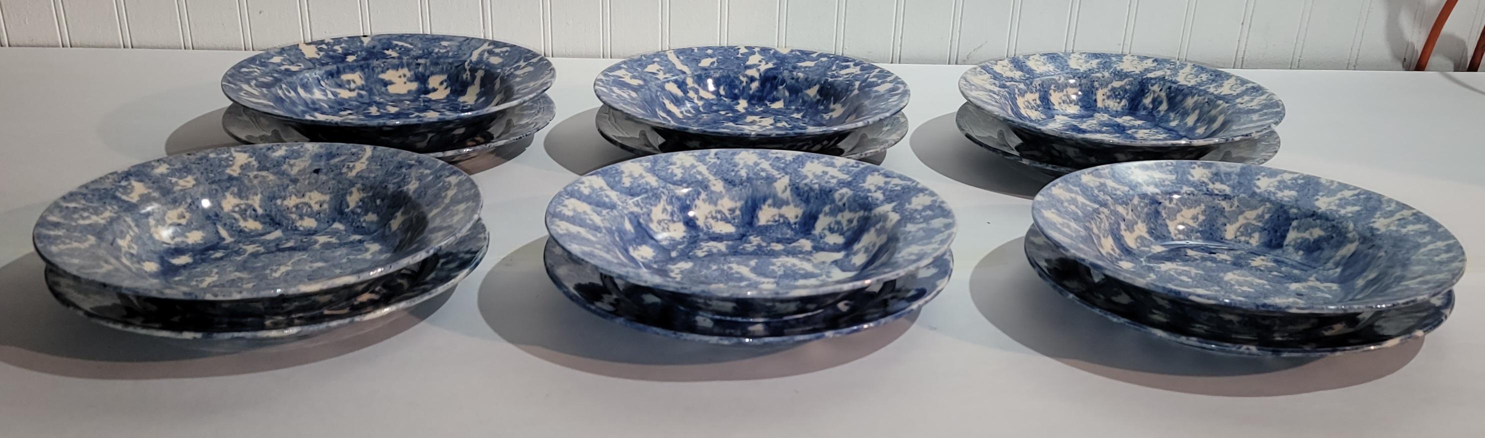 This set of matching 19thc blue & white sponge ware plates and soup bowls are in good condition..This amazing sponge ware set of six plates & set of six matching bowls are so very rare to find in such good condition and matching is so rare.
Sold as