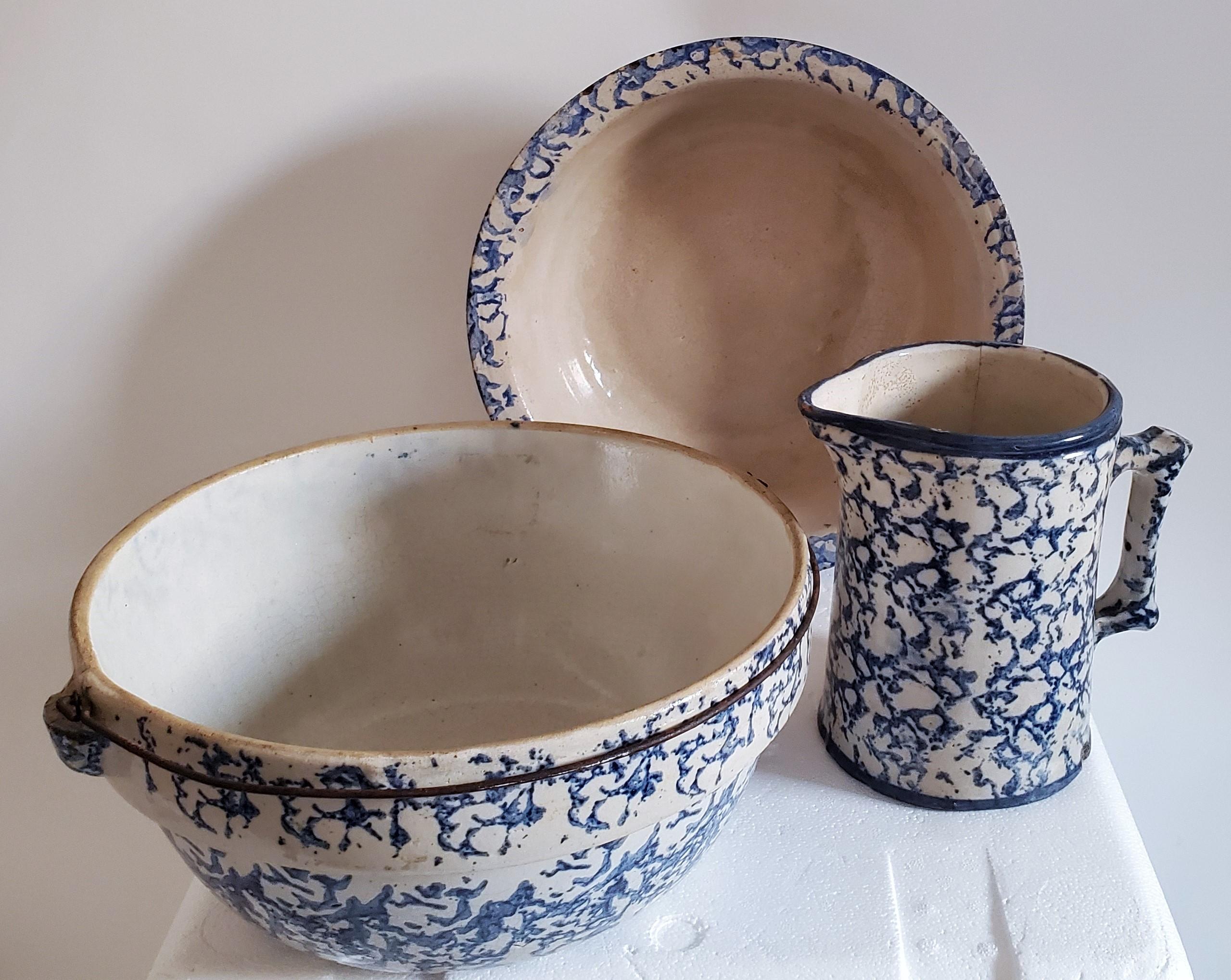 These three pieces are sponge ware with minor spider cracks but not that bad. Great shelf pieces. We just bought a huge collection of sponge ware and some pieces had minor cracks or chips in them.

Measures: large bowl with metal hanger 12 x
